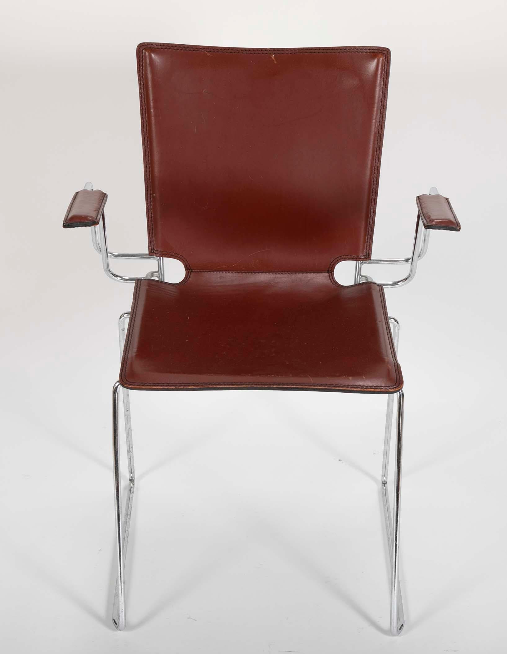 Pair of Red/Brown Leather and Metal Frame Chairs In Good Condition In Stamford, CT