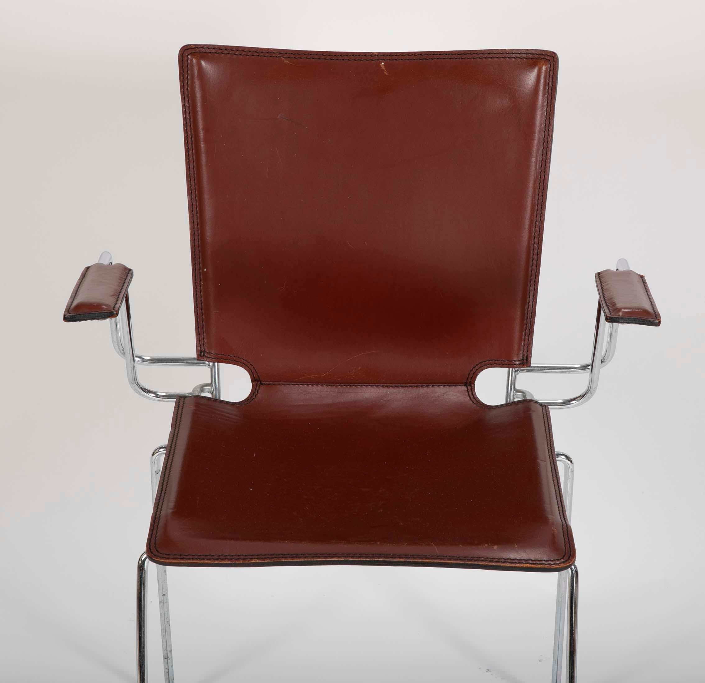 Late 20th Century Pair of Red/Brown Leather and Metal Frame Chairs