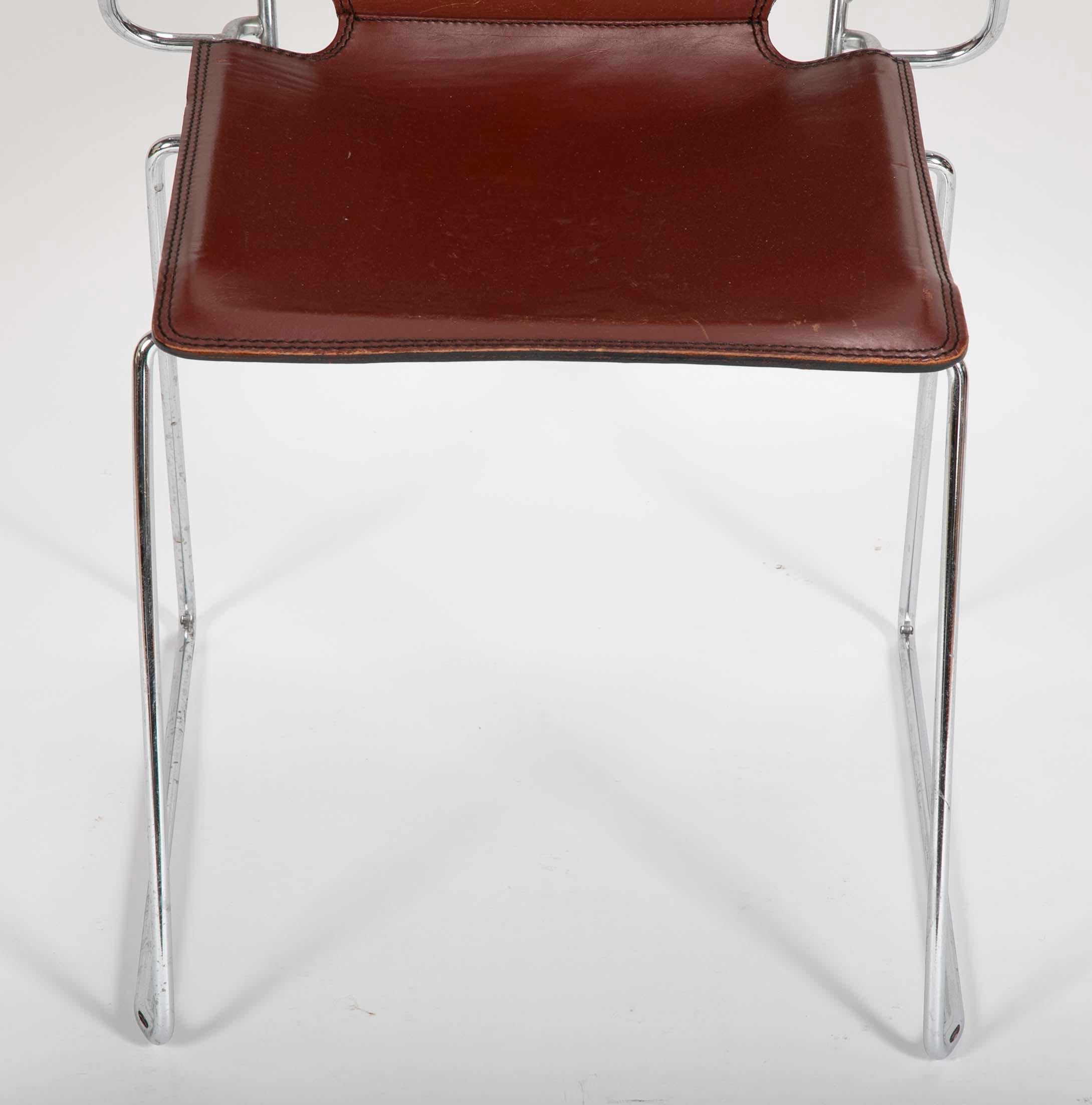 Pair of Red/Brown Leather and Metal Frame Chairs 1