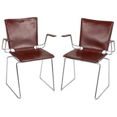 Pair of Red/Brown Leather and Metal Frame Chairs