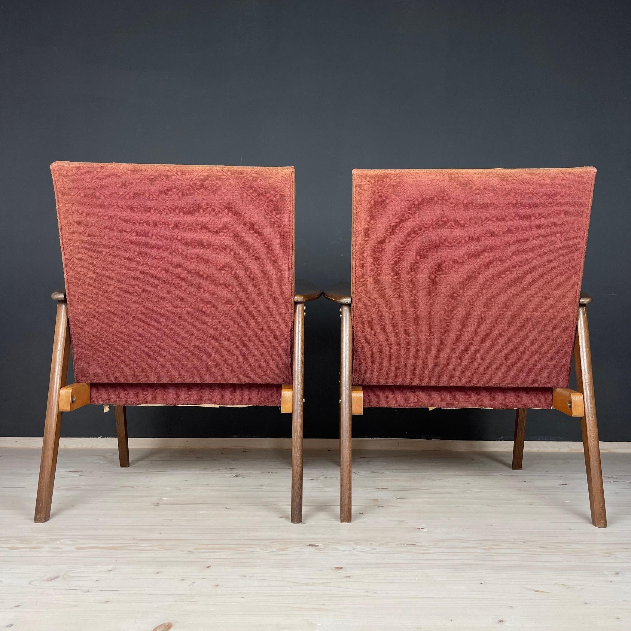 Pair of Red-Brown Mid-Century Armchairs Yugoslavia 1960s In Good Condition For Sale In Miklavž Pri Taboru, SI