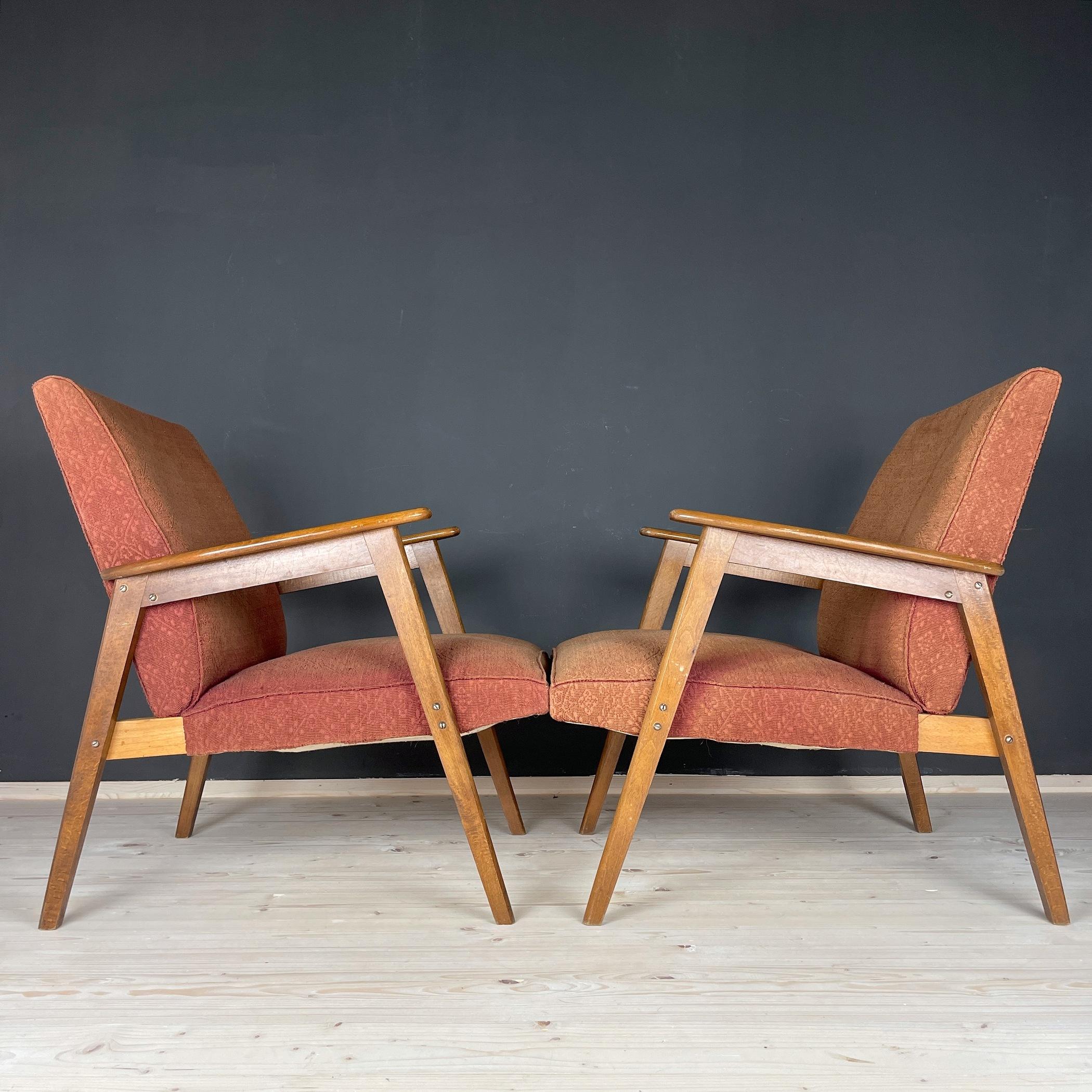 Textile Pair of Red-Brown Mid-Century Armchairs Yugoslavia 1960s For Sale