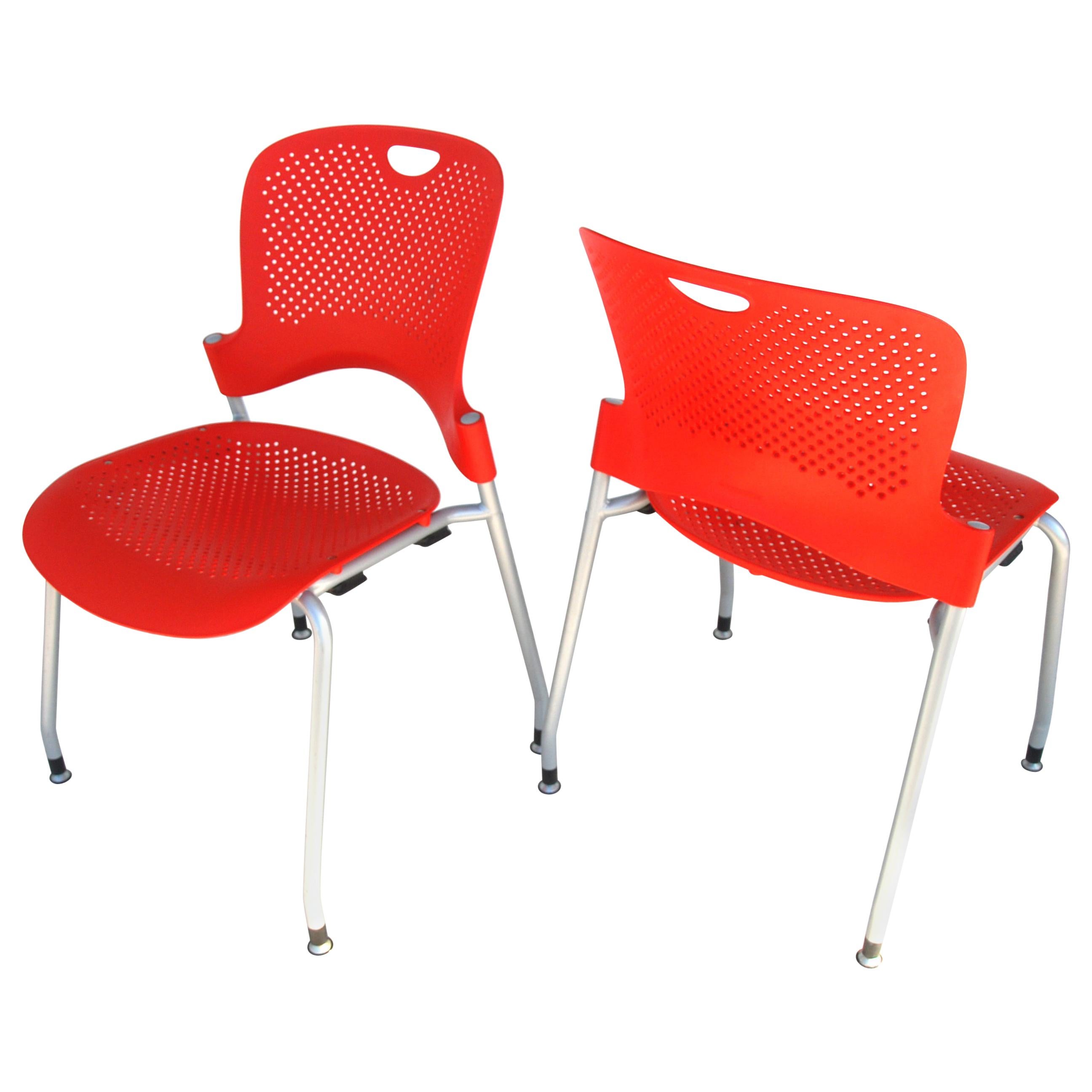Pair of Red Caper Stacking Chairs by Jeff Weber for Herman Miller