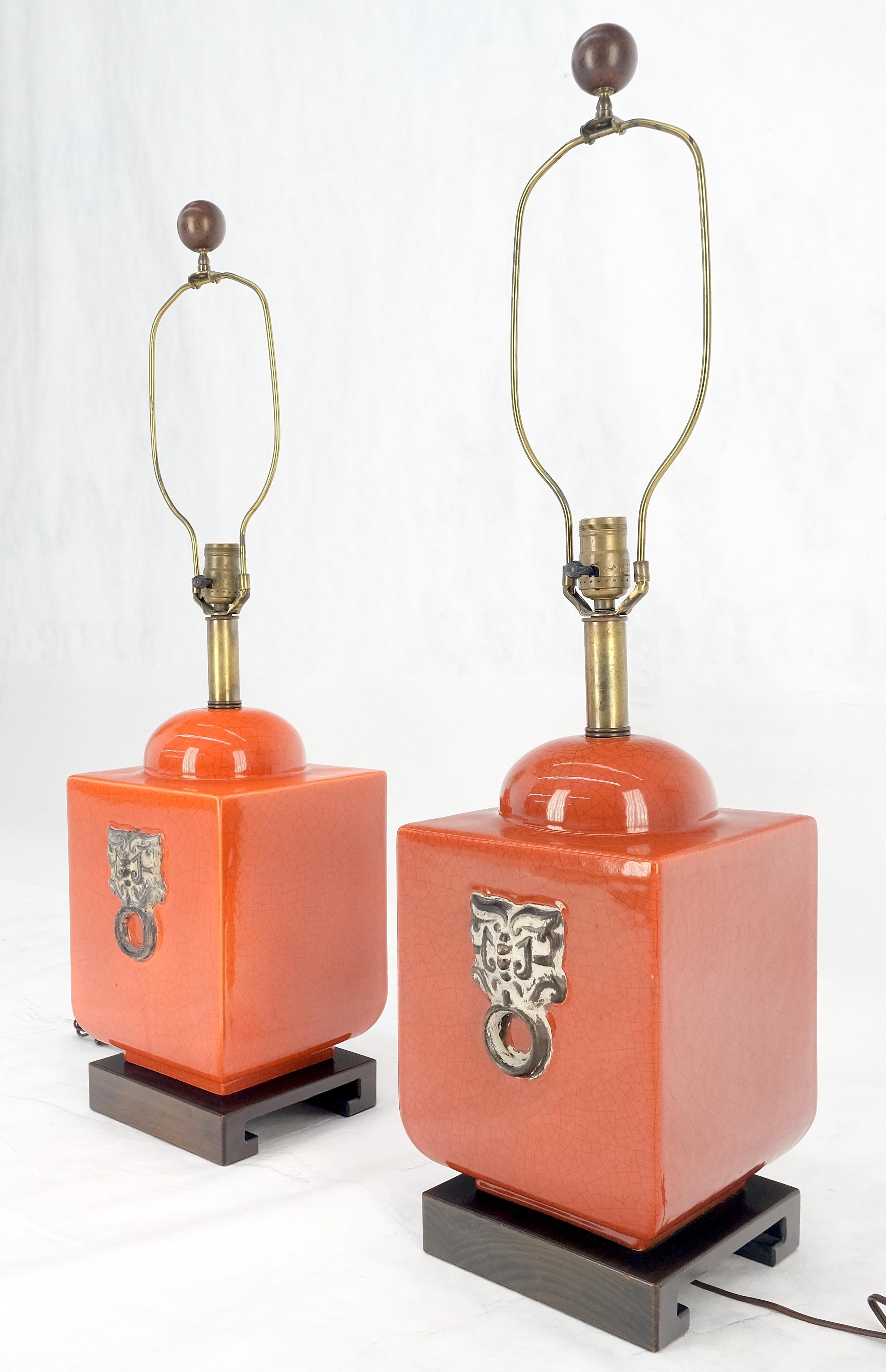 Pair of Red Ceramic Square Cube Shape Table Lamps c1960s Bracket Feet MINT For Sale 2