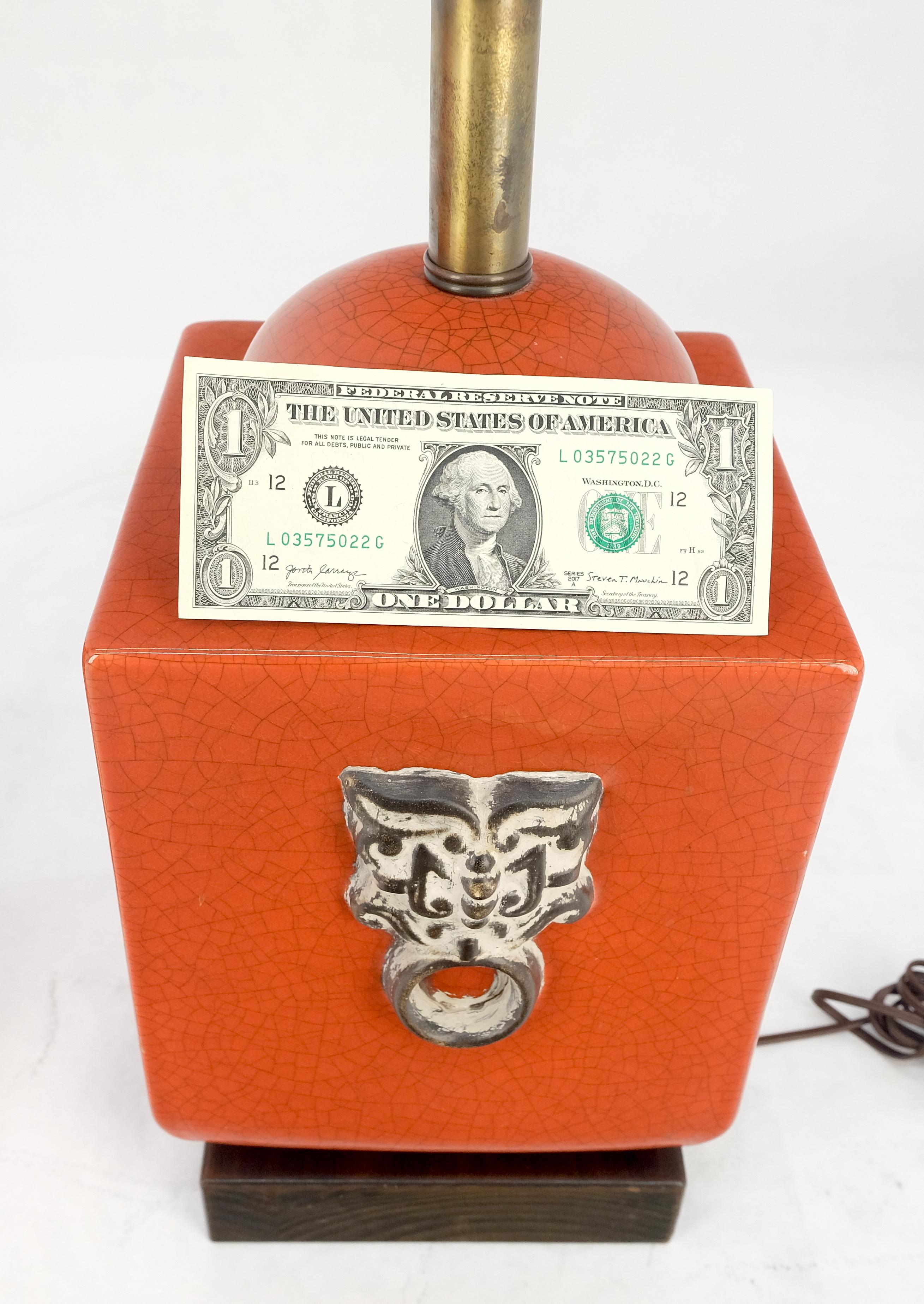 Pair of Red Ceramic Square Cube Shape Table Lamps c1960s Bracket Feet MINT For Sale 3