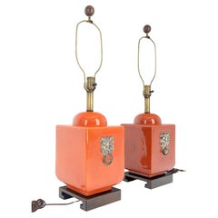 Pair of Red Ceramic Square Cube Shape Table Lamps c1960s Bracket Feet MINT