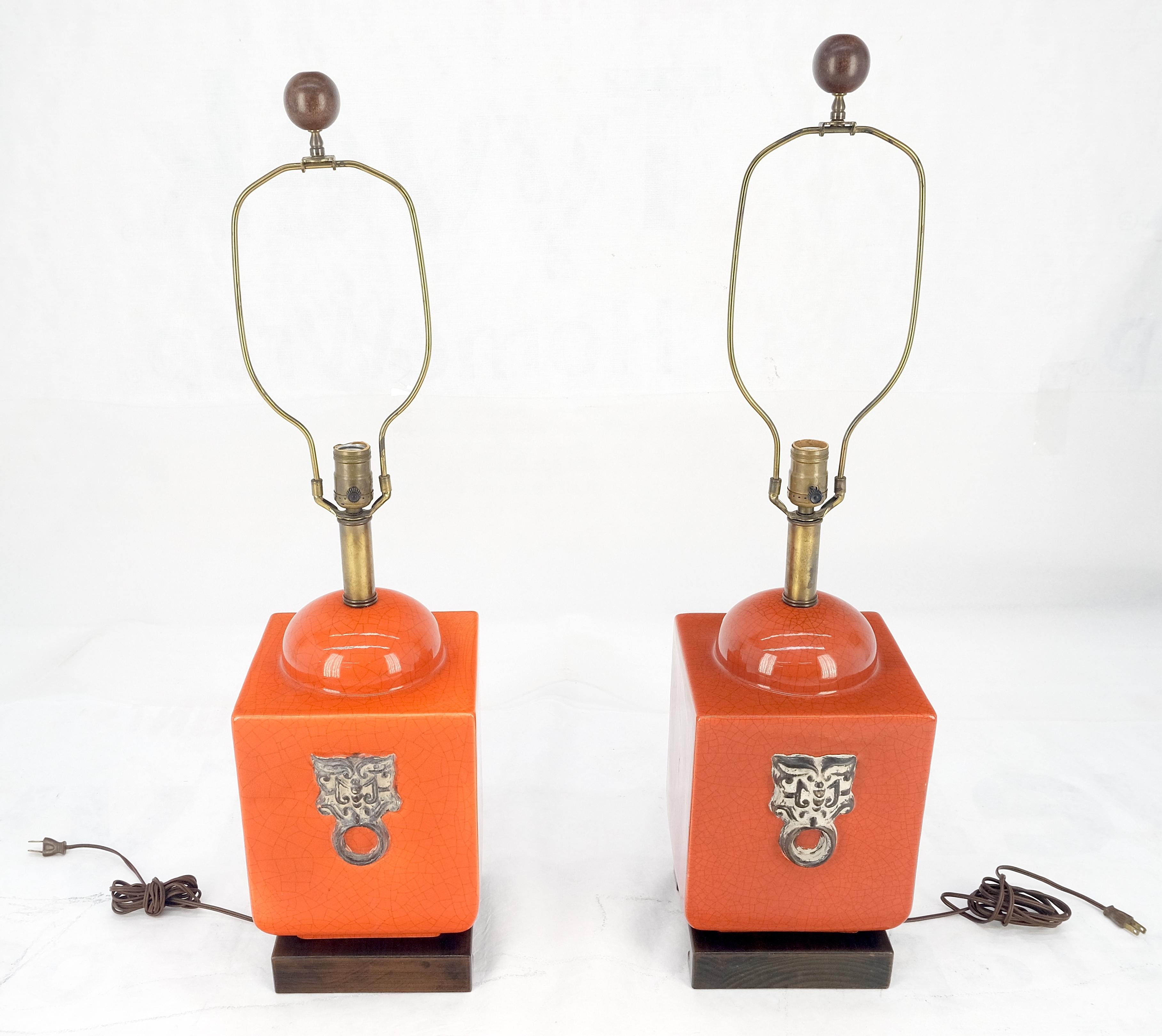 American Pair of Red Ceramic Square Cube Shape Table Lamps c1960s Bracket Feet MINT For Sale