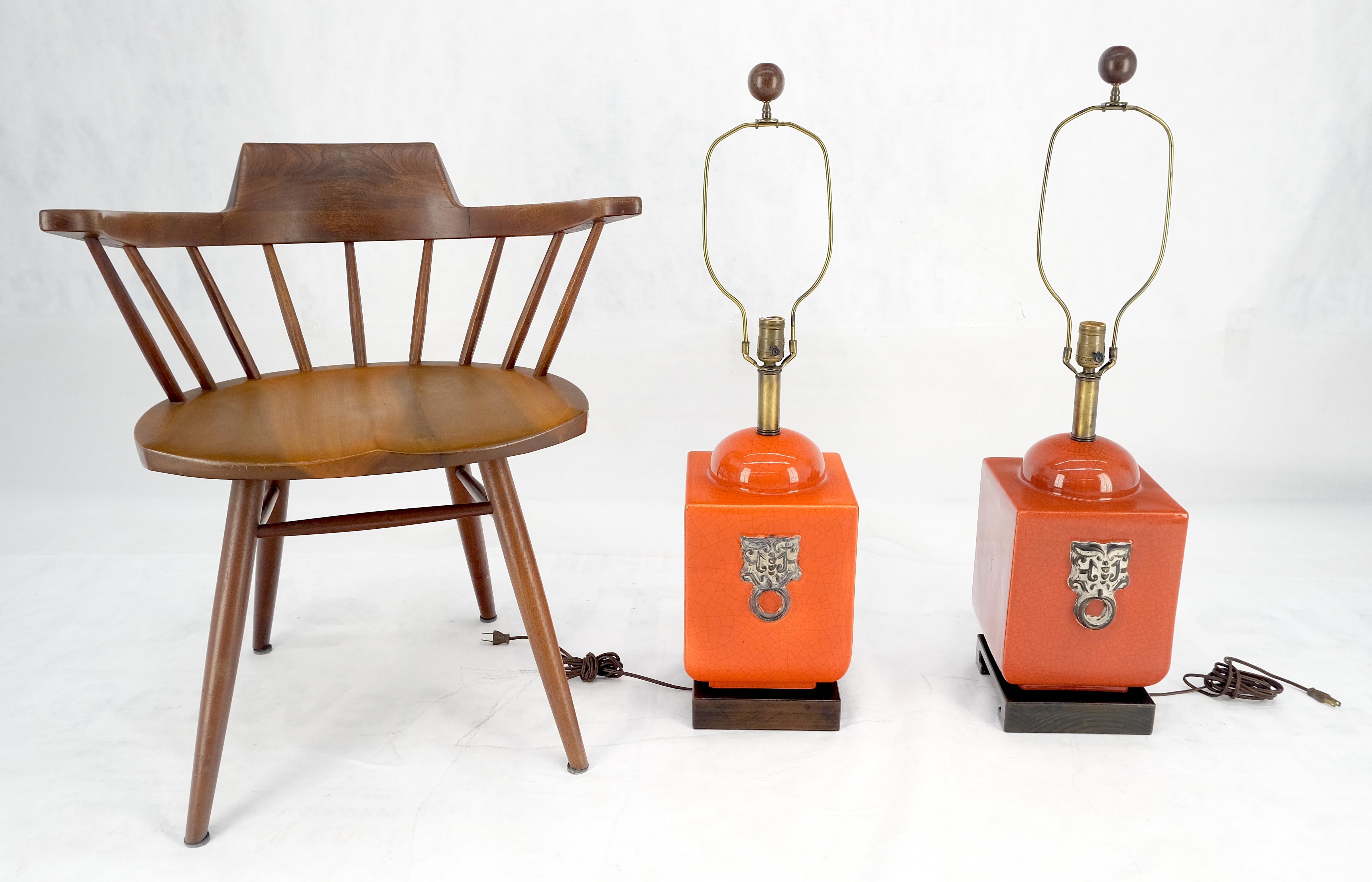 20th Century Pair of Red Ceramic Square Cube Shape Table Lamps c1960s Bracket Feet MINT For Sale