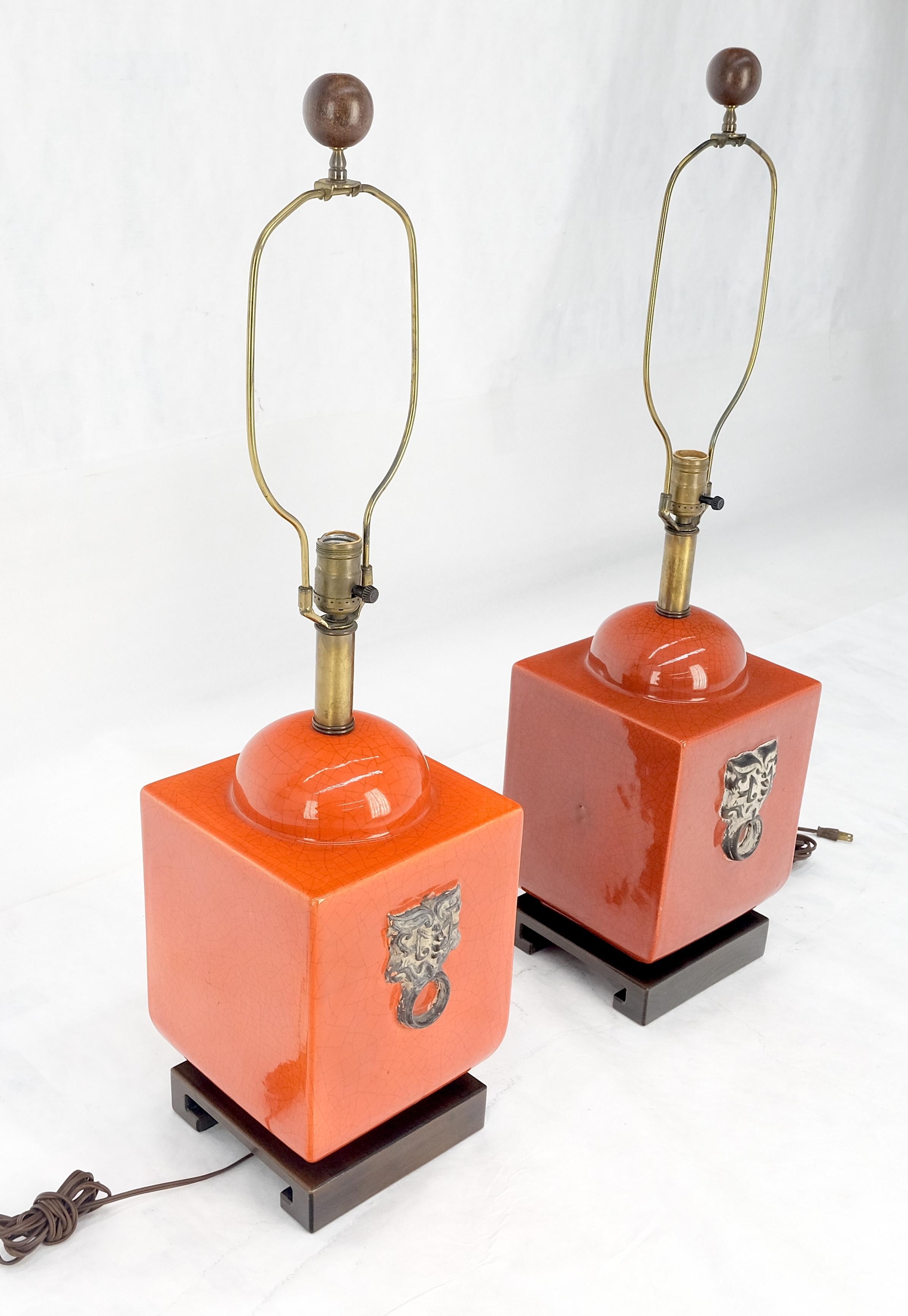 Brass Pair of Red Ceramic Square Cube Shape Table Lamps c1960s Bracket Feet MINT For Sale