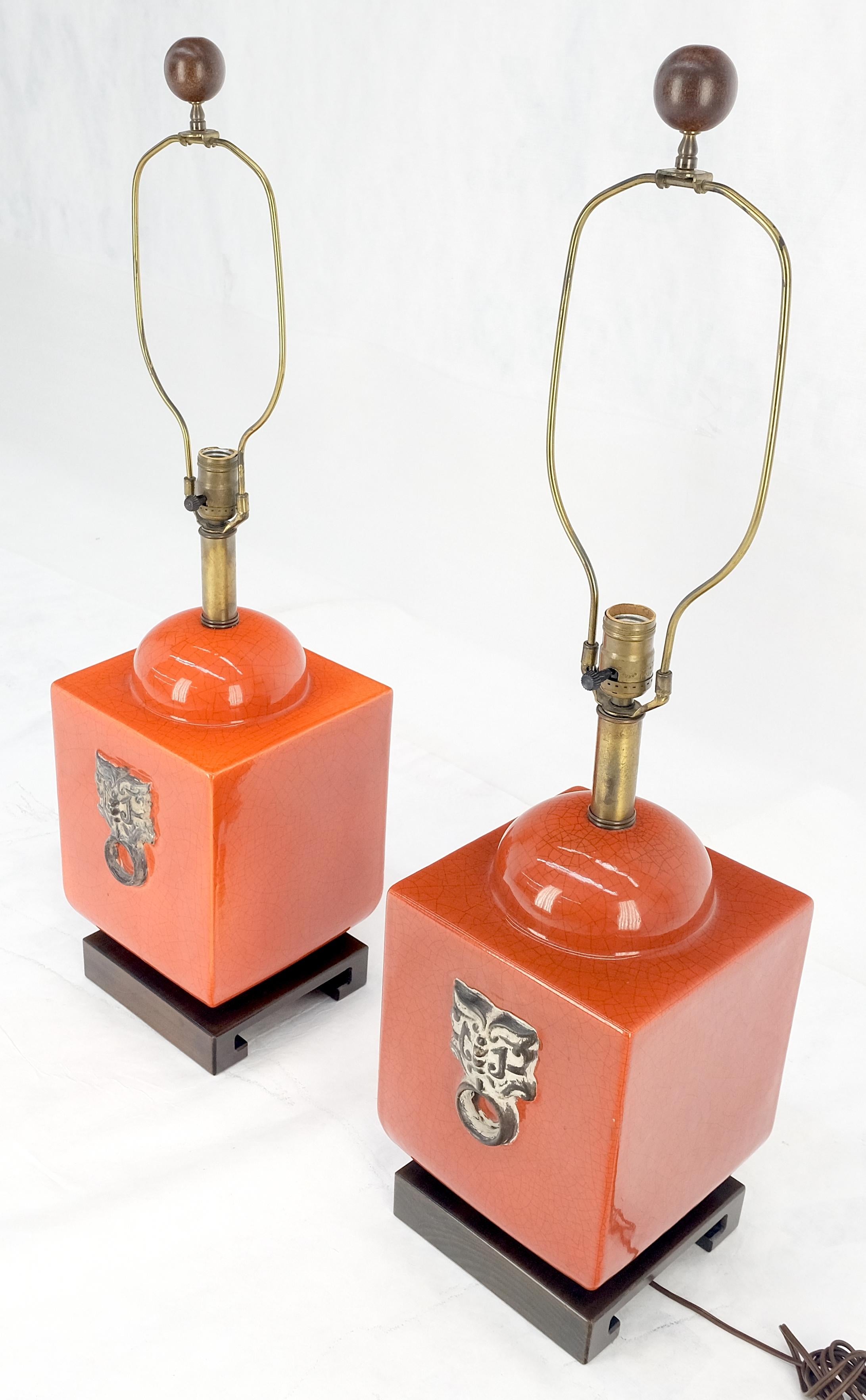 Pair of Red Ceramic Square Cube Shape Table Lamps c1960s Bracket Feet MINT For Sale 1