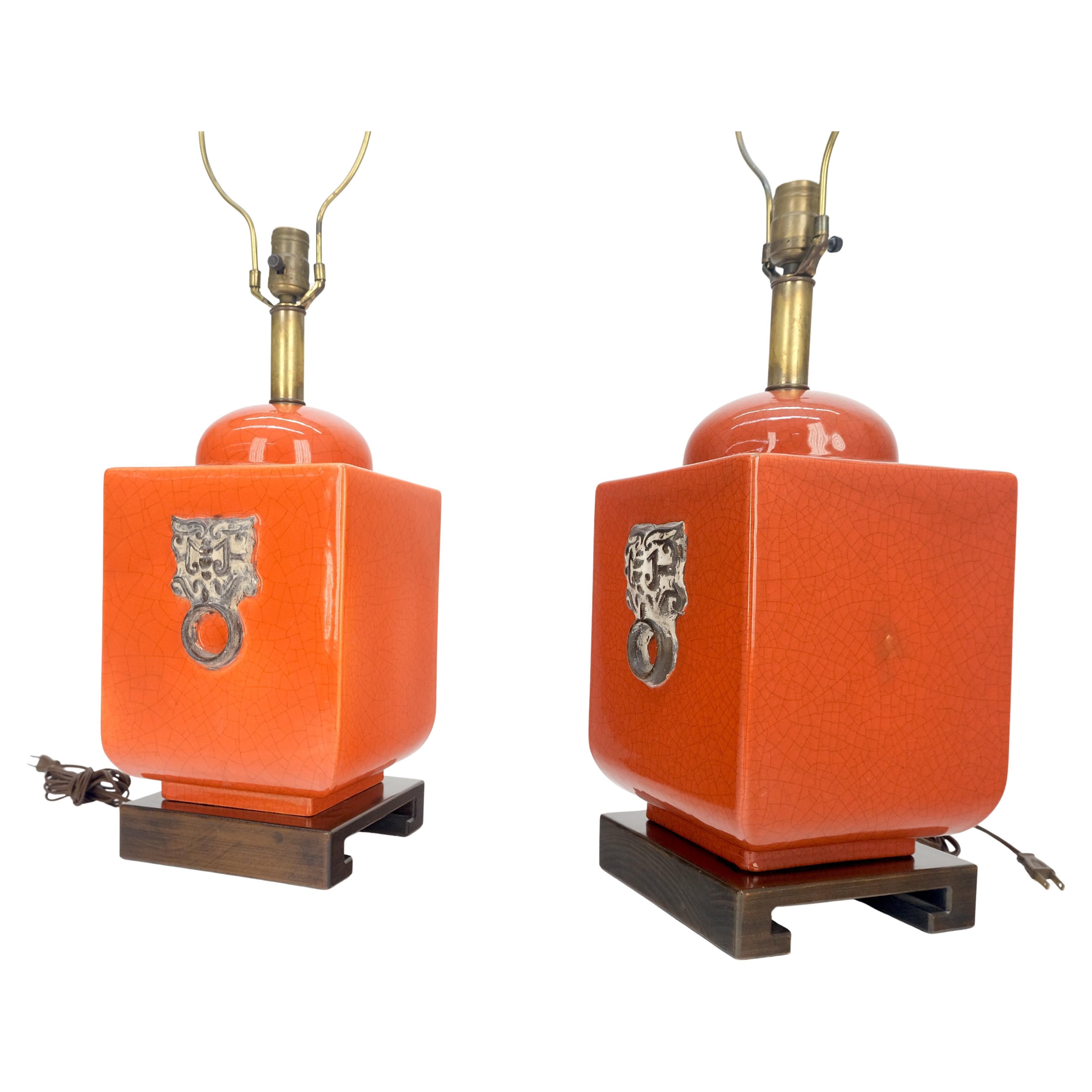 Pair of Red Ceramic Square Cube Shape Table Lamps c1960s Bracket Feet MINT