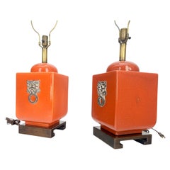 Pair of Red Ceramic Square Cube Shape Table Lamps c1960s Bracket Feet MINT