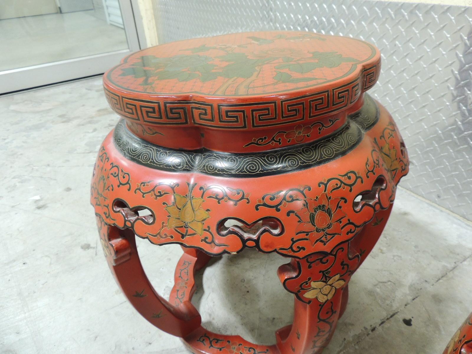 Pair of Red Chinese Lacquer Round Side Tables or Stools 3