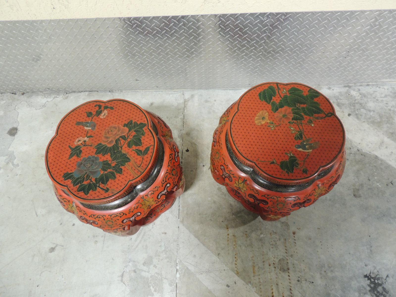 Pair of Red Chinese Lacquer Round Side Tables or Stools 4