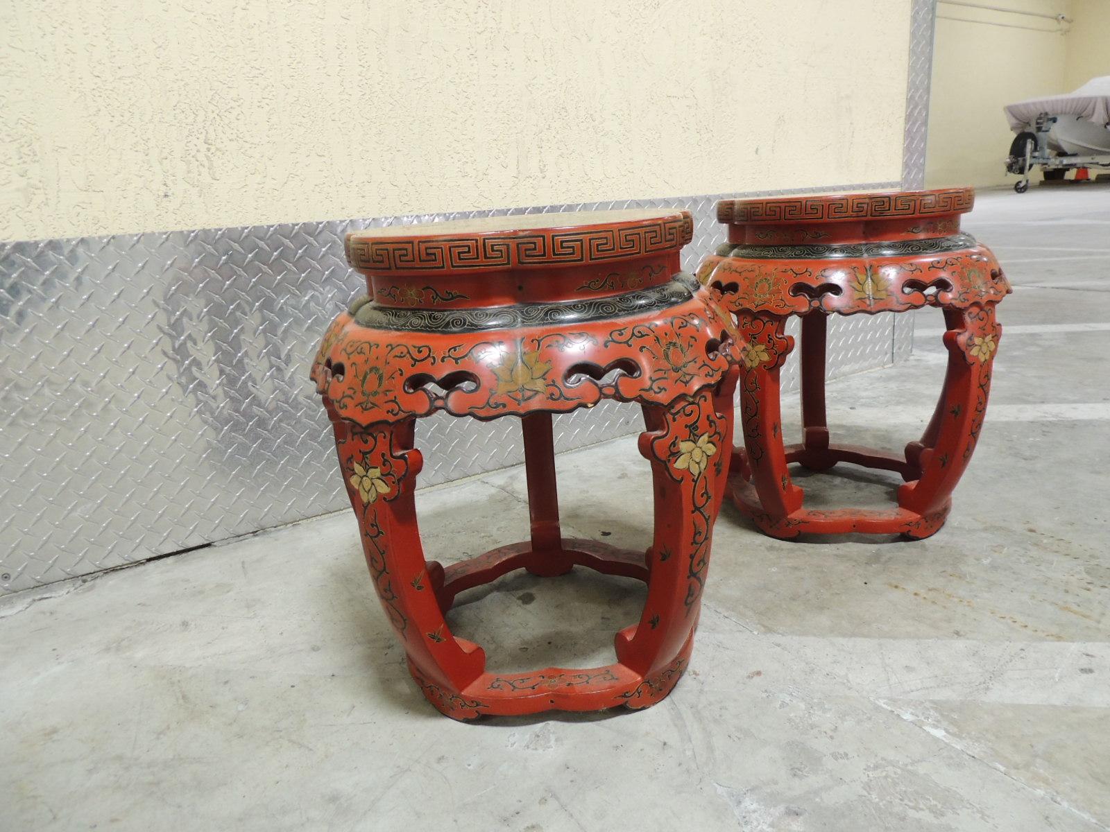 Pair of Red Chinese Lacquer Round Side Tables or Stools 5