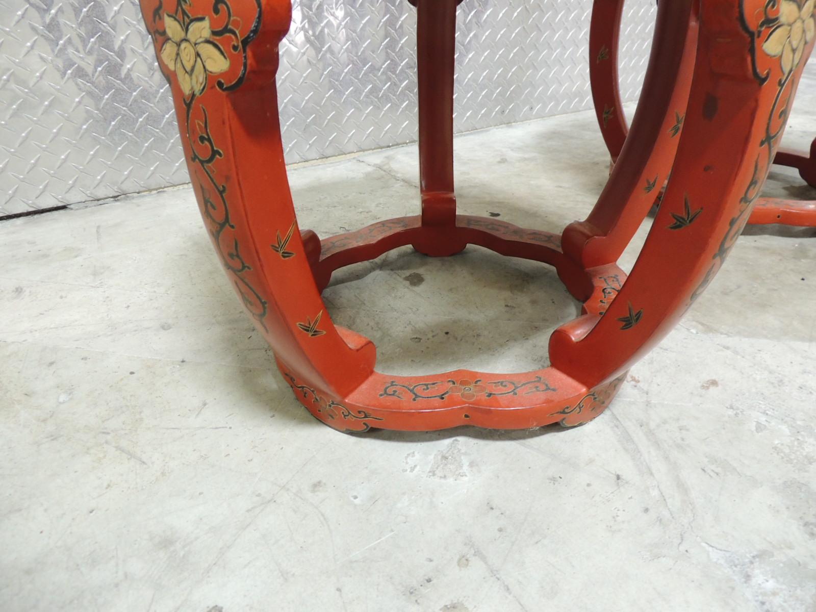 Pair of Red Chinese Lacquer Round Side Tables or Stools 6
