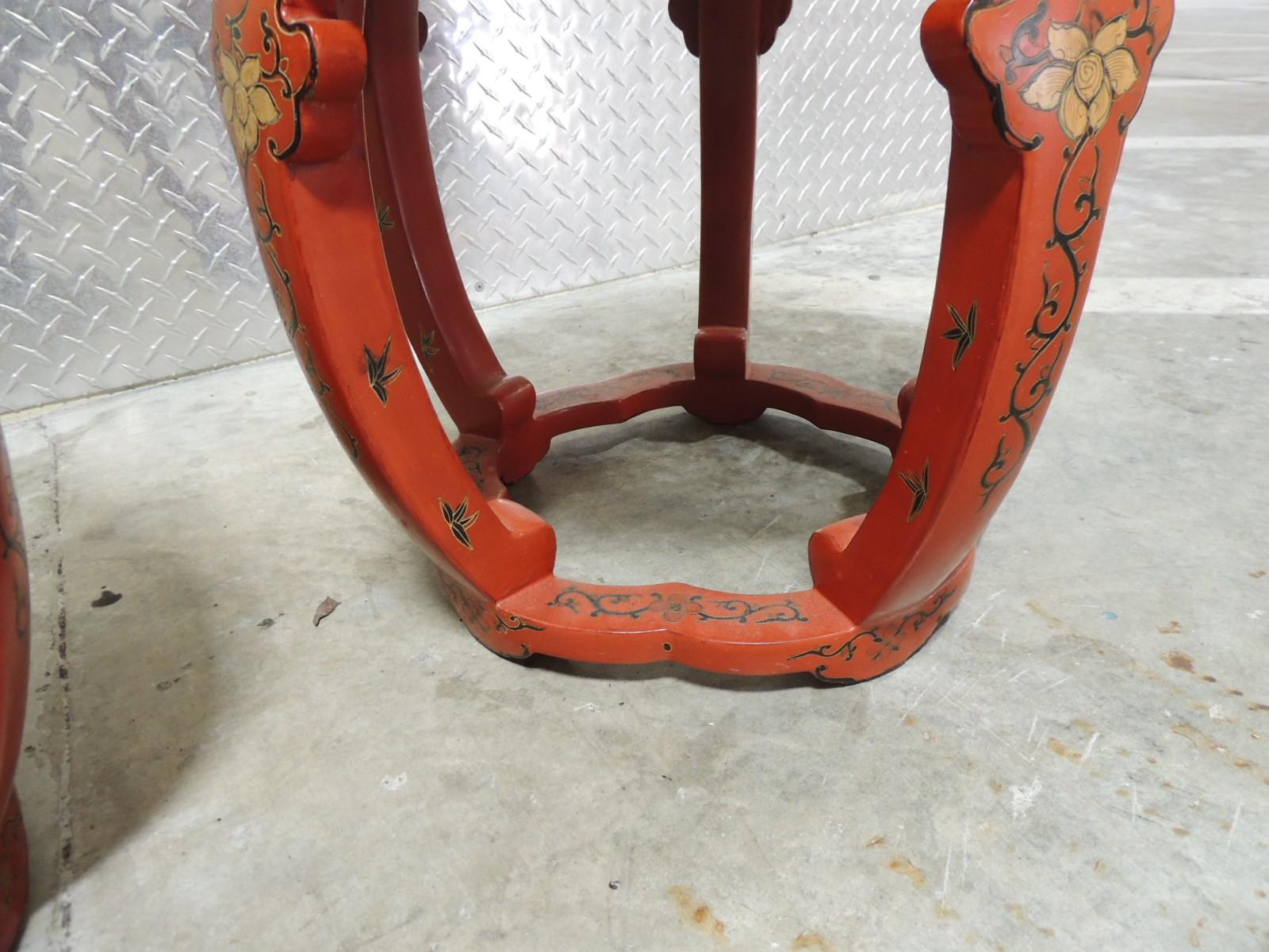 Pair of Red Chinese Lacquer Round Side Tables or Stools 7