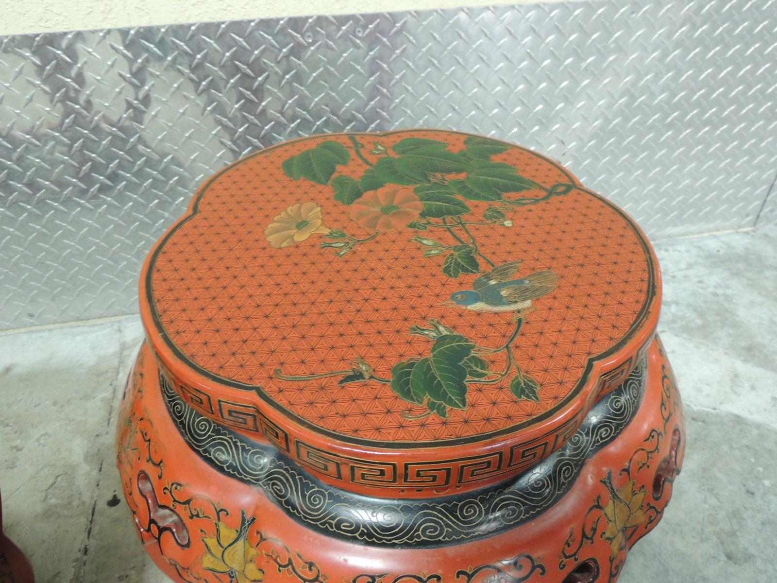 Pair of Red Chinese Lacquer Round Side Tables or Stools 8