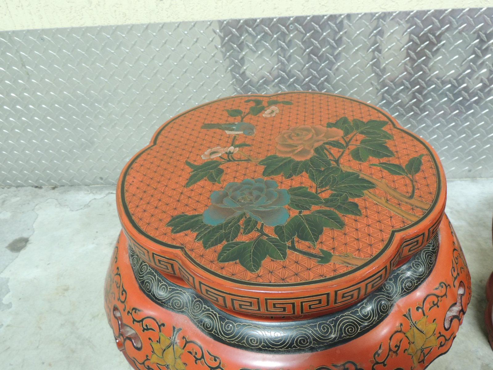 Pair of Red Chinese Lacquer Round Side Tables or Stools 9