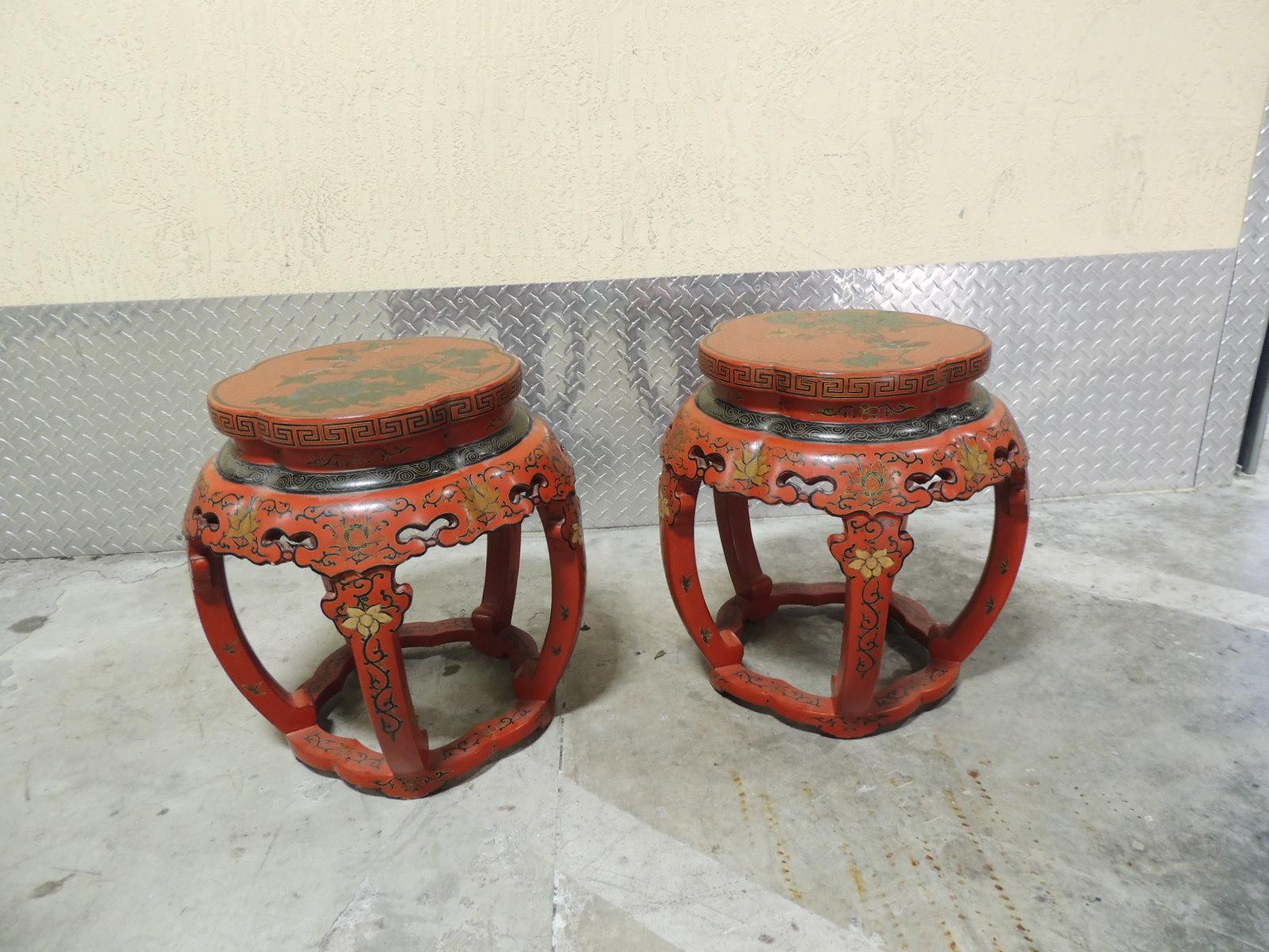 Pair of red Chinese lacquer round side tables or stools.
Intricate work depicting flowers and birds.
They could function as garden stools, side tables, drinks tables.
Size: 18