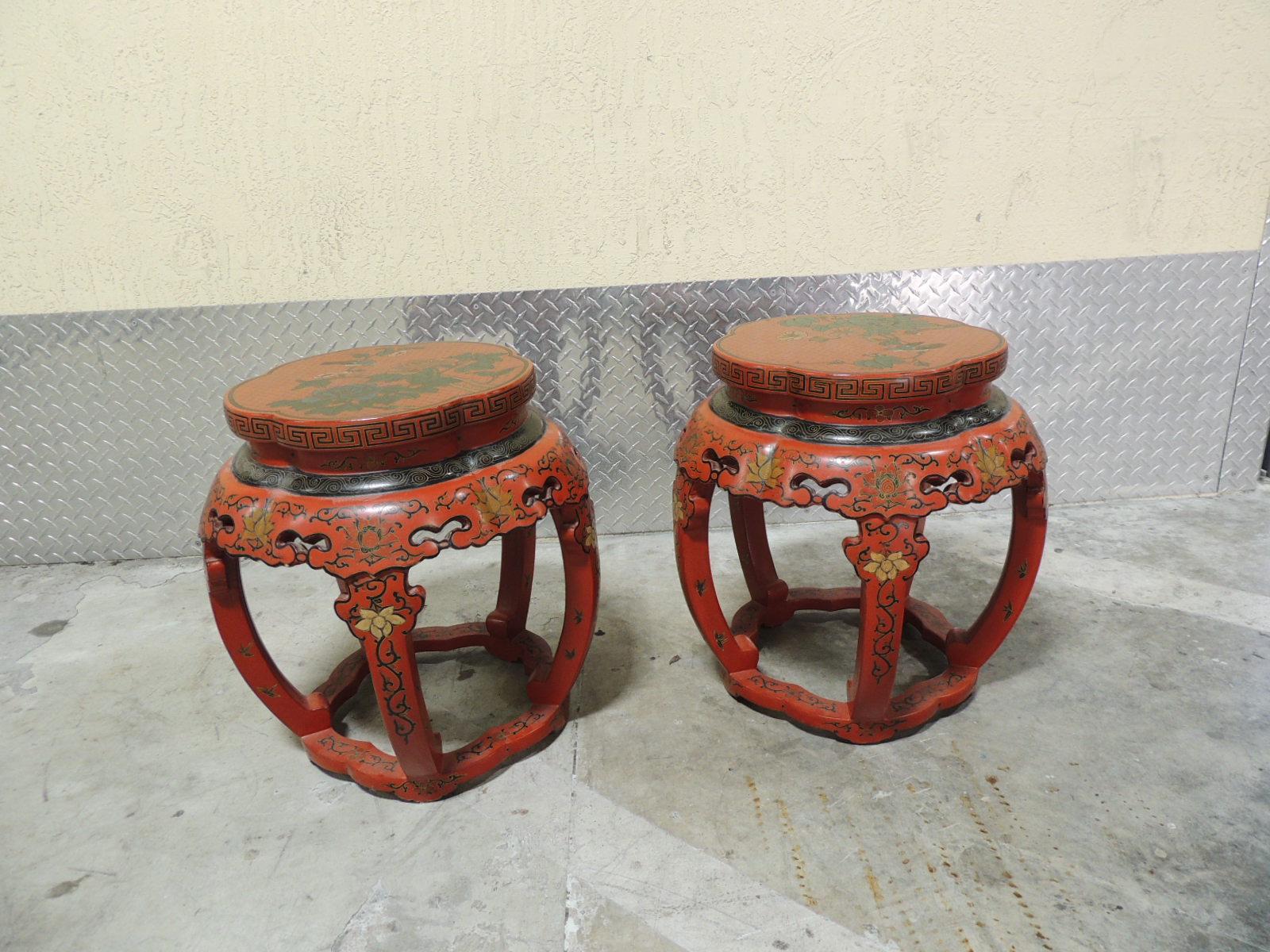 Chinoiserie Pair of Red Chinese Lacquer Round Side Tables or Stools