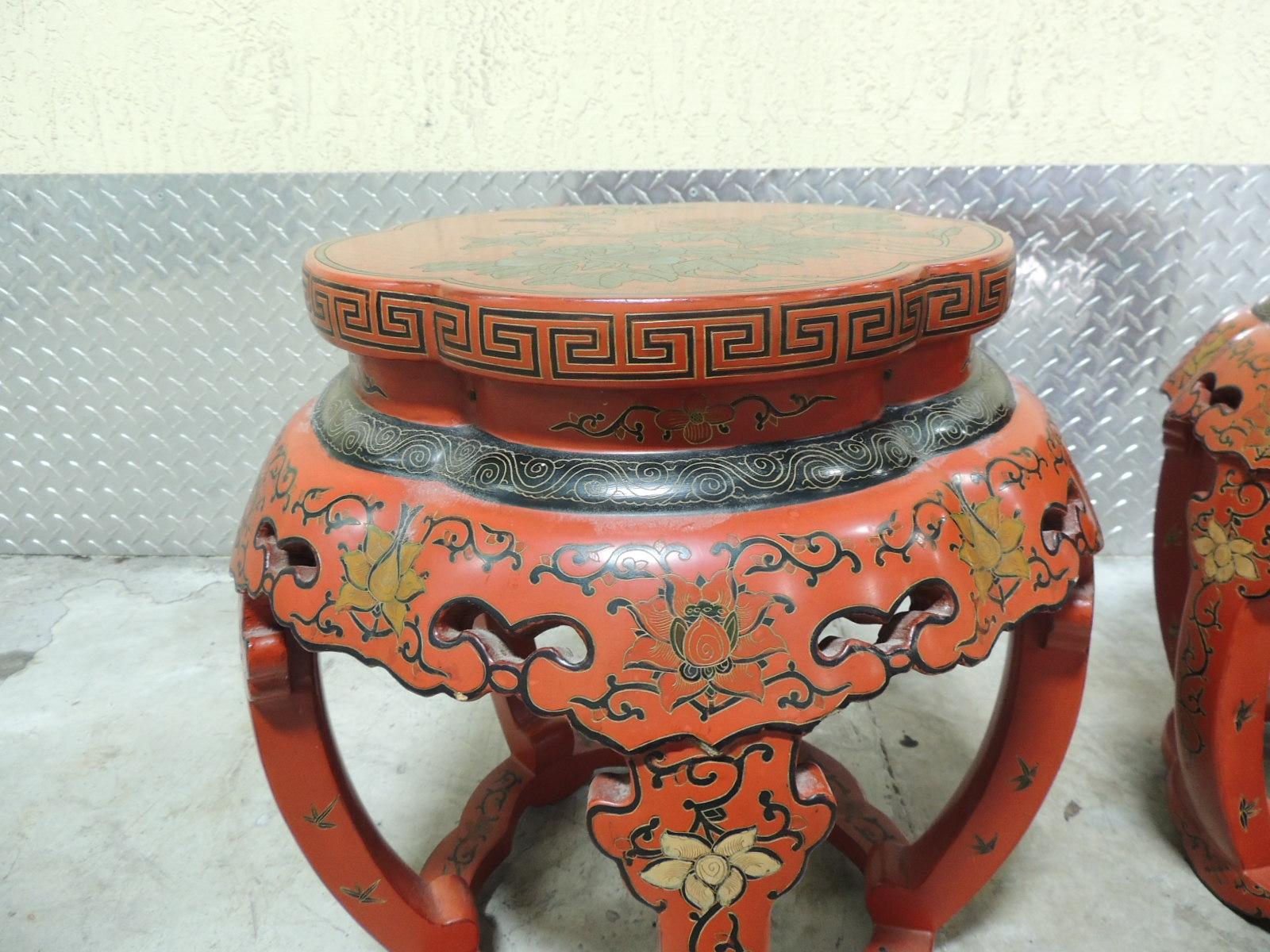 Hand-Crafted Pair of Red Chinese Lacquer Round Side Tables or Stools