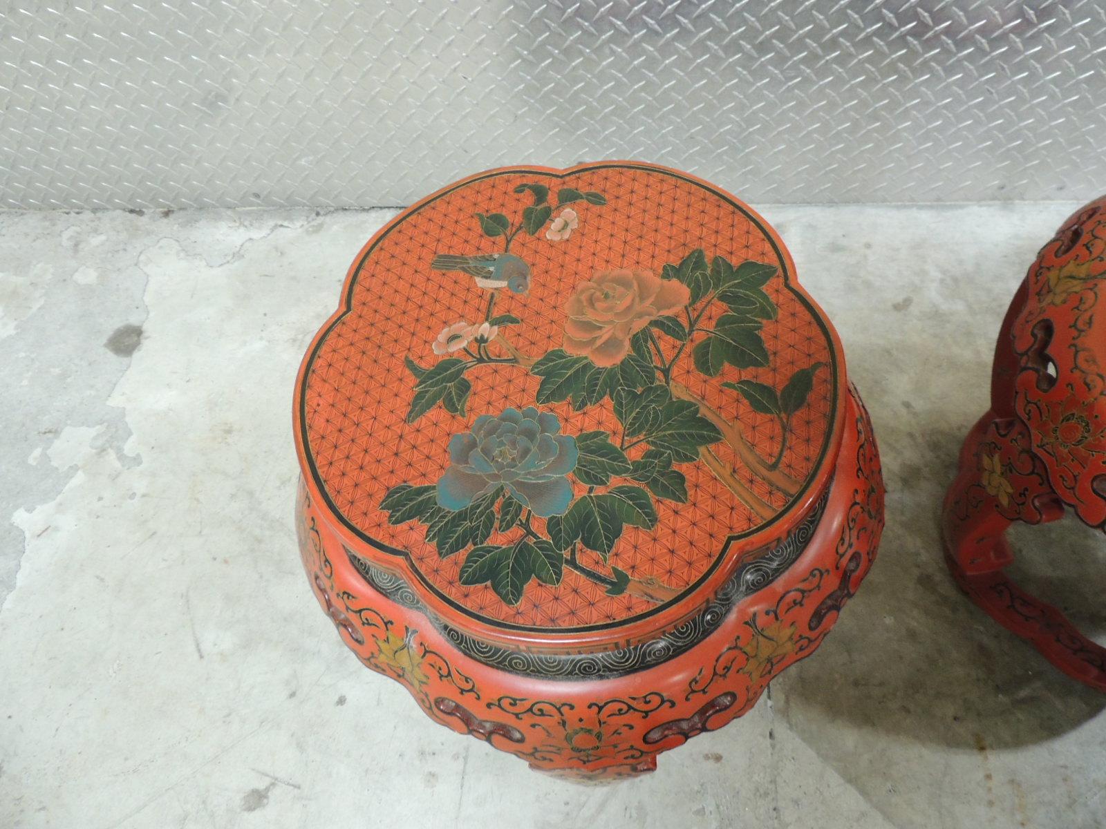 20th Century Pair of Red Chinese Lacquer Round Side Tables or Stools