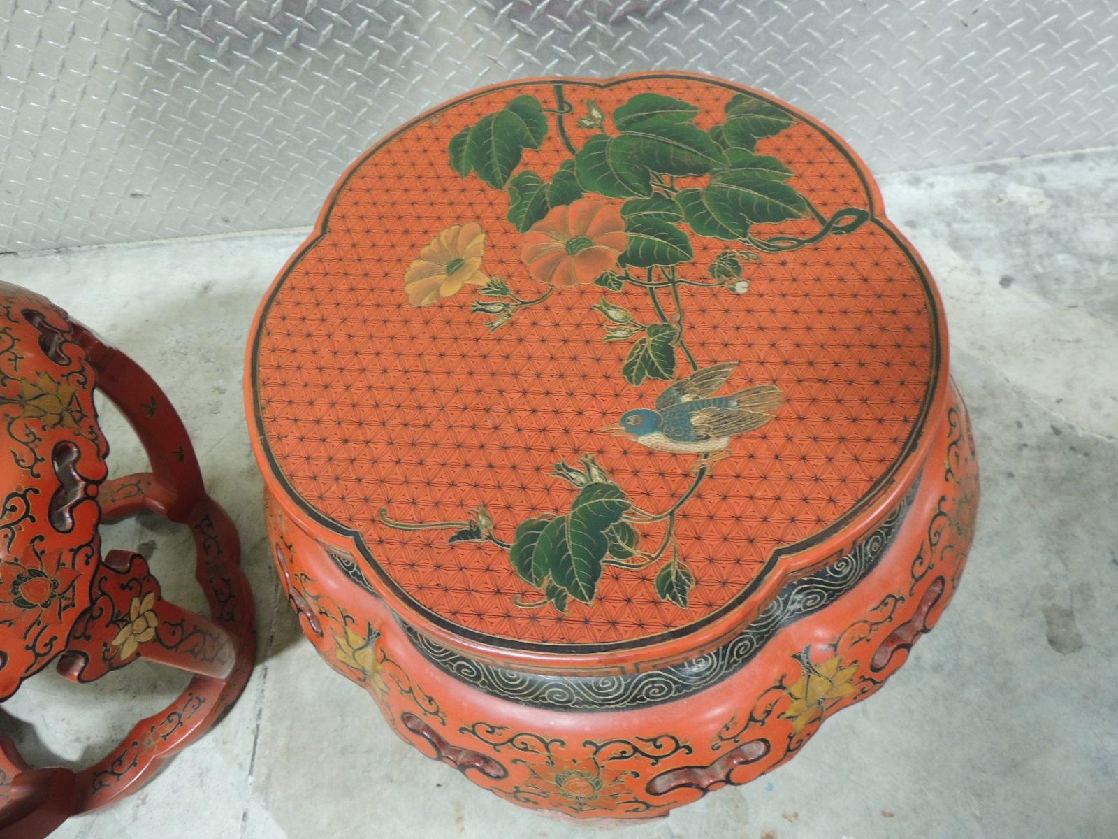 Wood Pair of Red Chinese Lacquer Round Side Tables or Stools