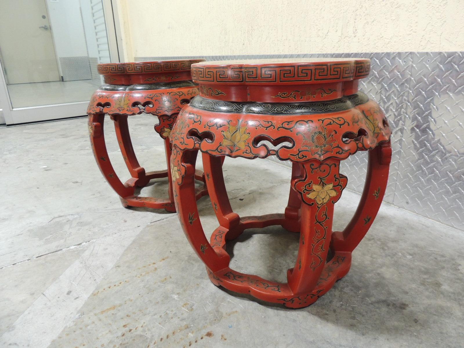 Pair of Red Chinese Lacquer Round Side Tables or Stools 1