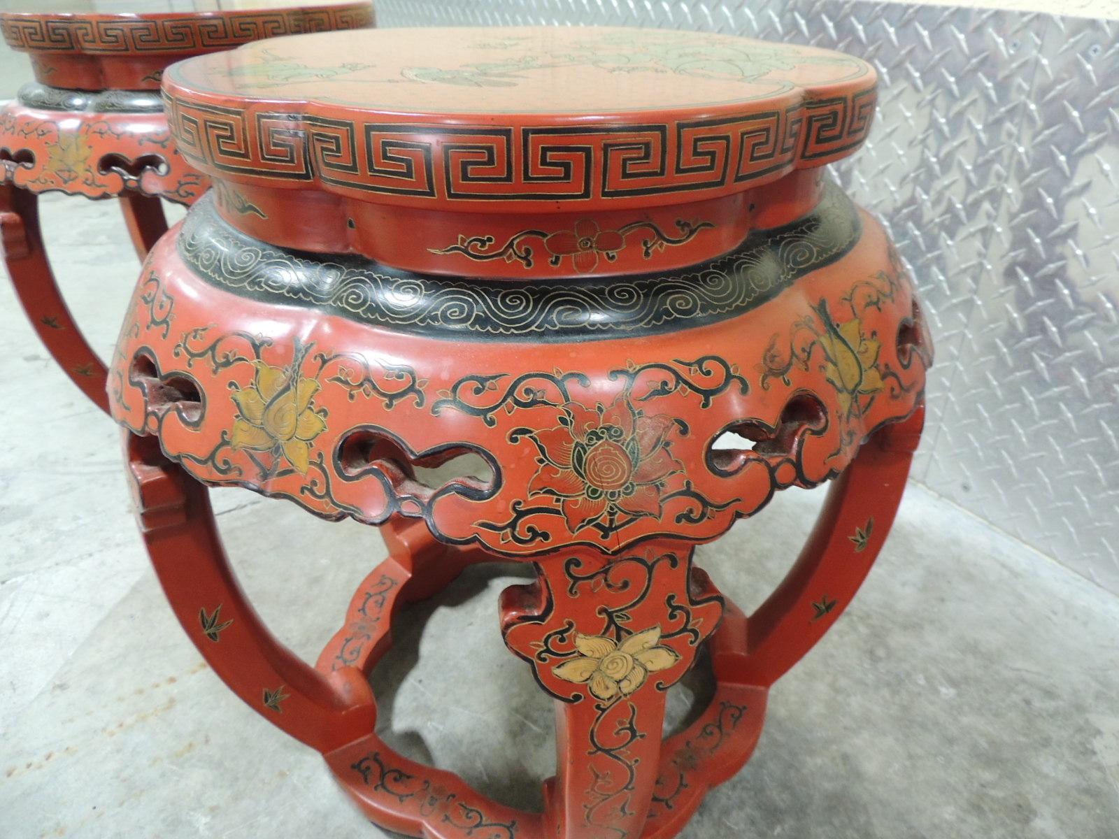 Pair of Red Chinese Lacquer Round Side Tables or Stools 2