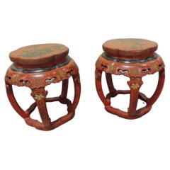Pair of Red Chinese Lacquer Round Side Tables or Stools