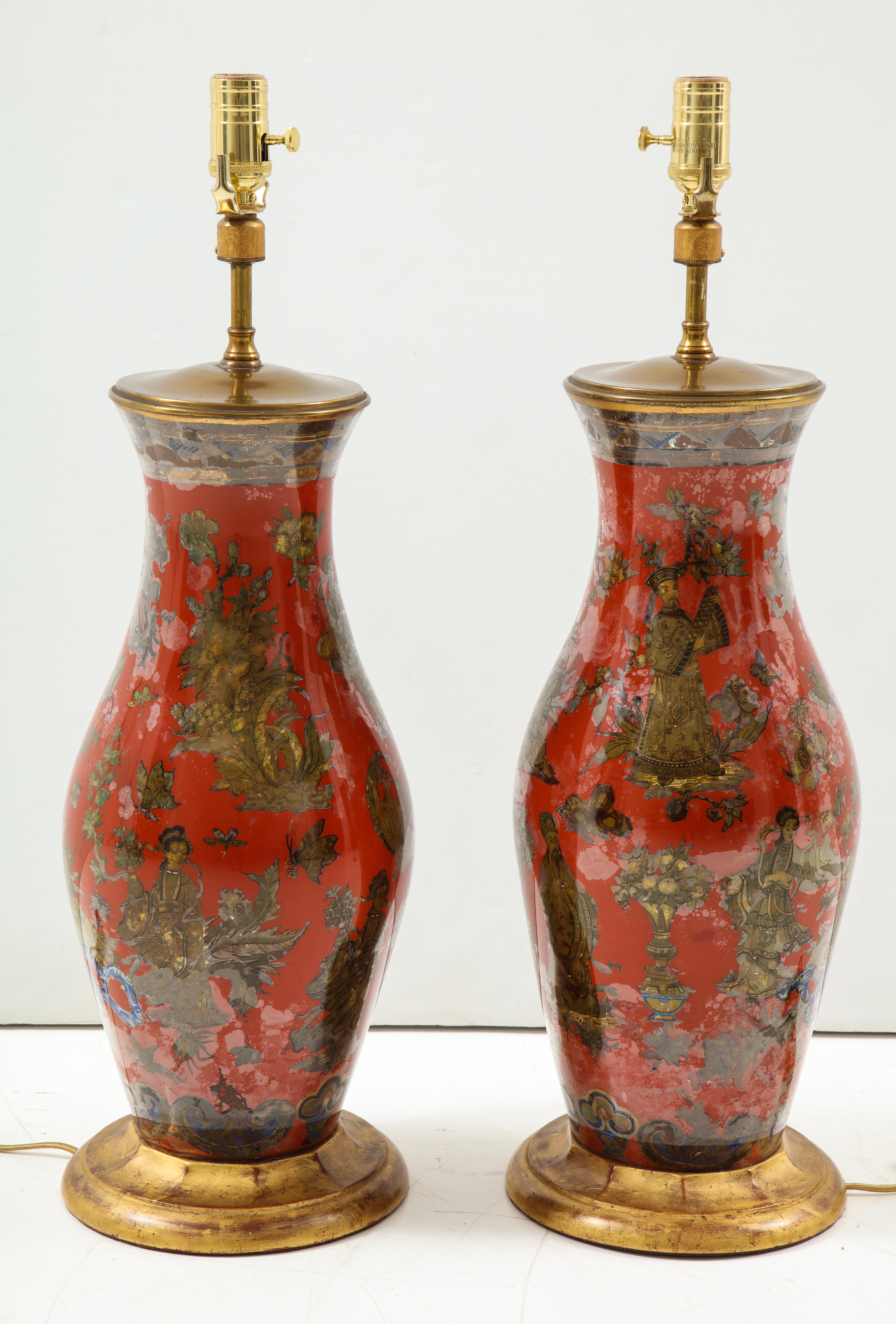Unknown Pair of Red Chinoiserie Lamps