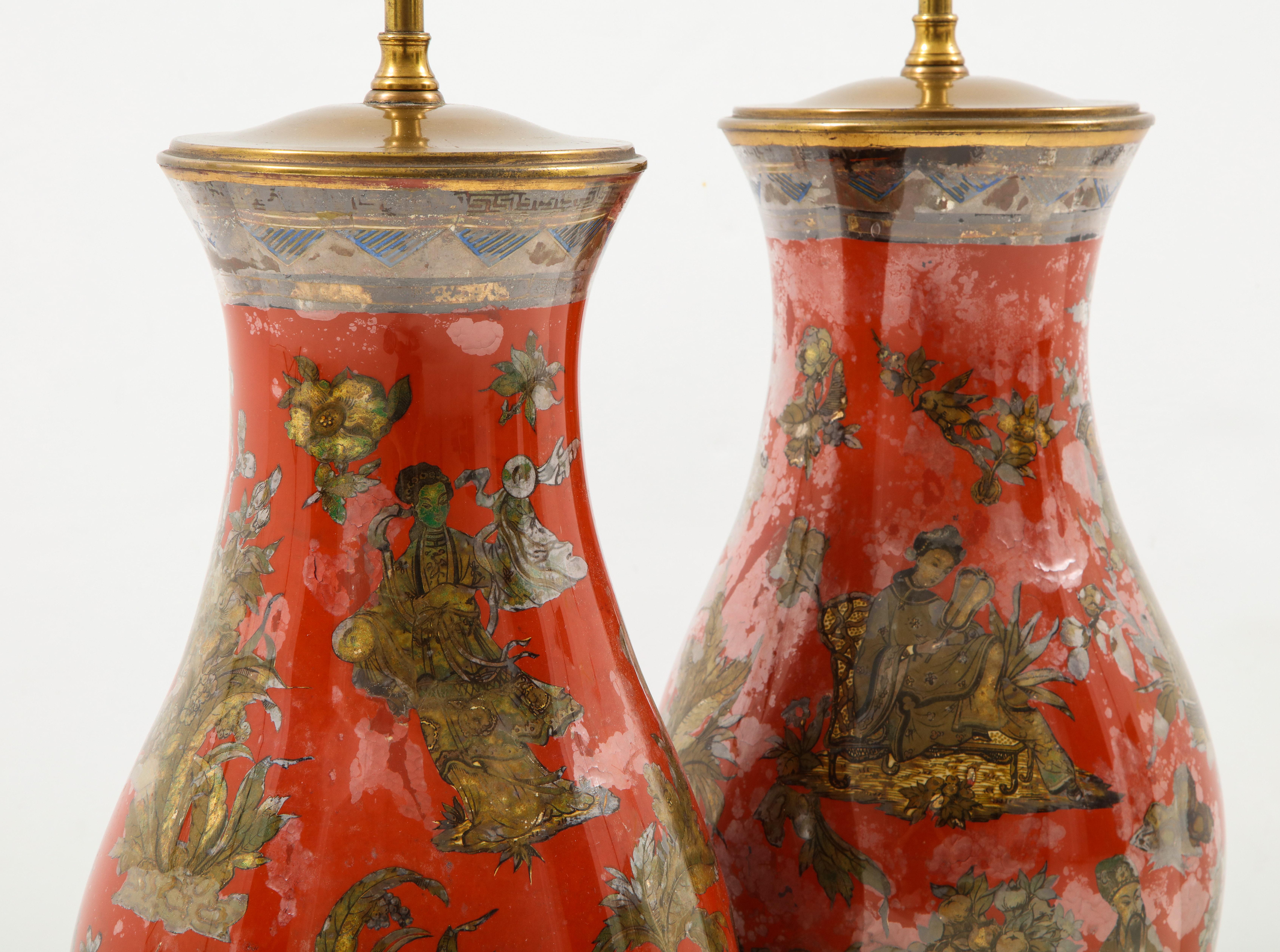 Pair of Red Chinoiserie Lamps In Excellent Condition In New York, NY