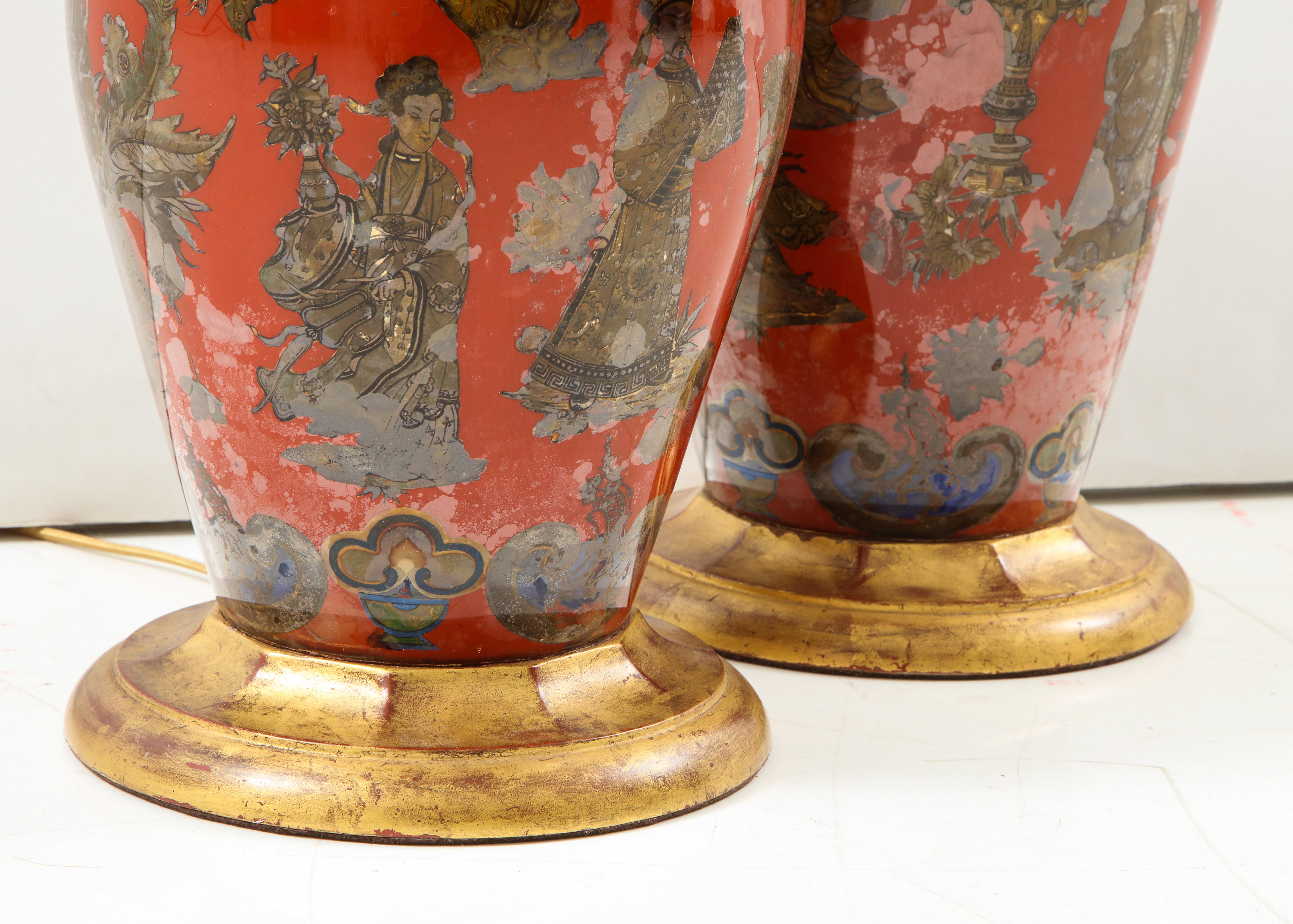 Late 20th Century Pair of Red Chinoiserie Lamps