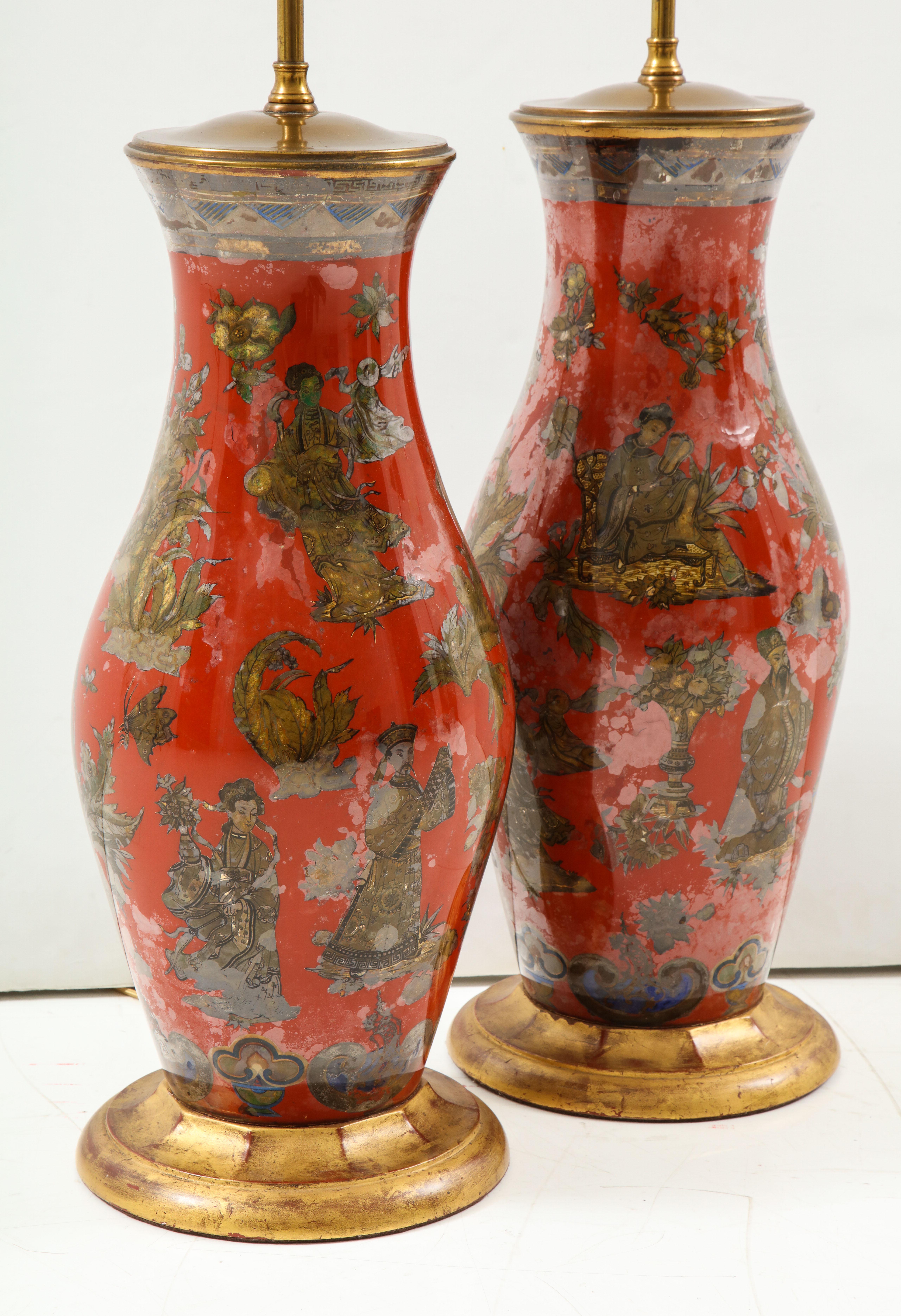 Pair of Red Chinoiserie Lamps 1