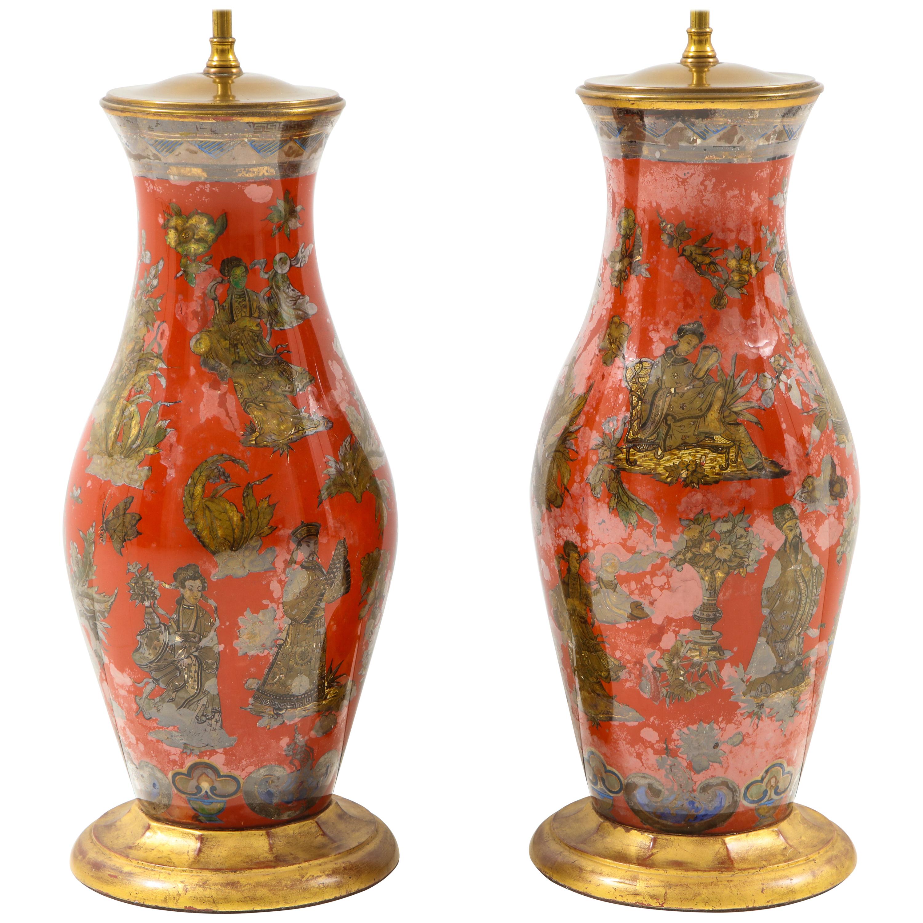 Pair of Red Chinoiserie Lamps