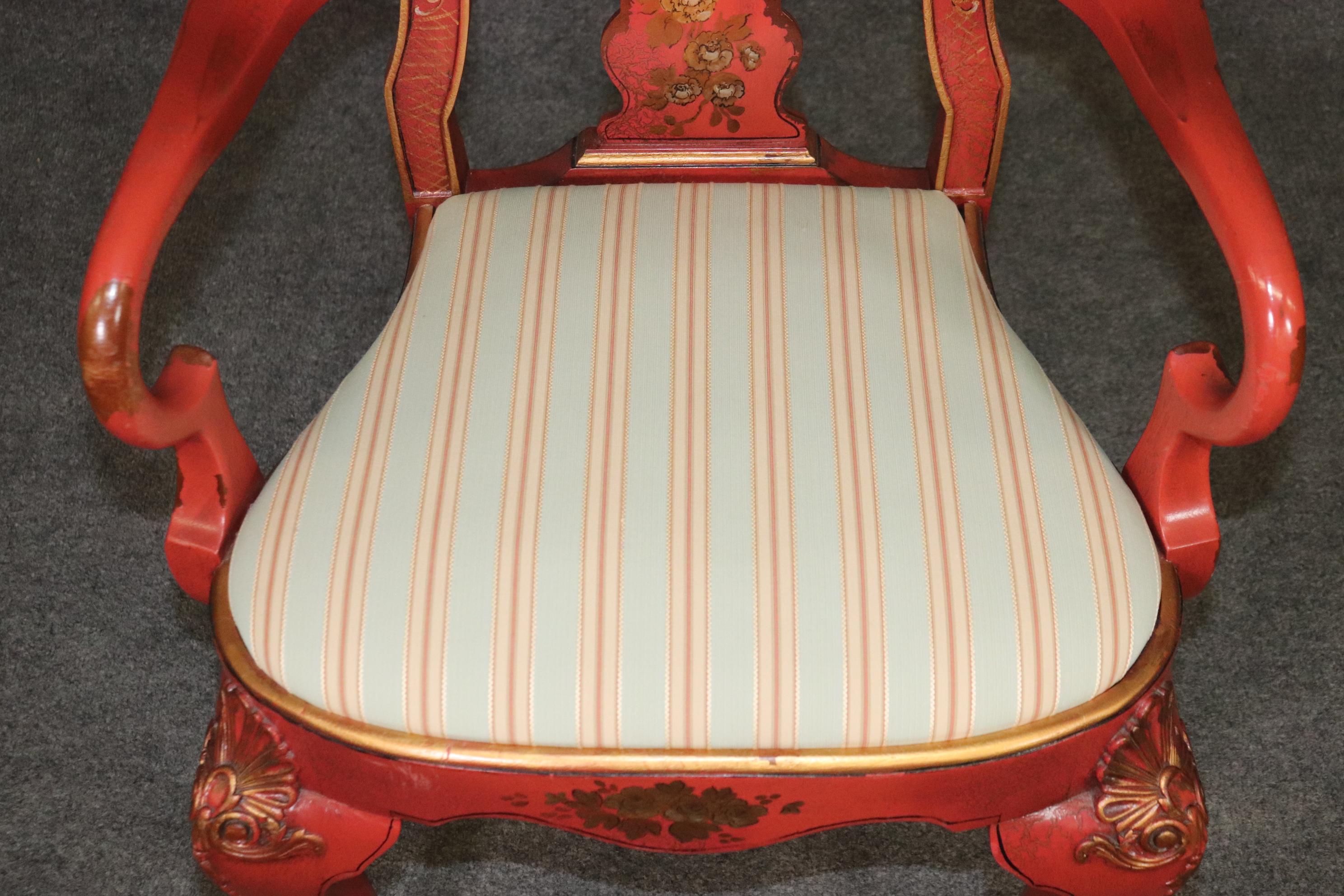 Pair of Red Chinoiserie Paint Decorated Georgian Armchairs or Dining Chairs For Sale 6