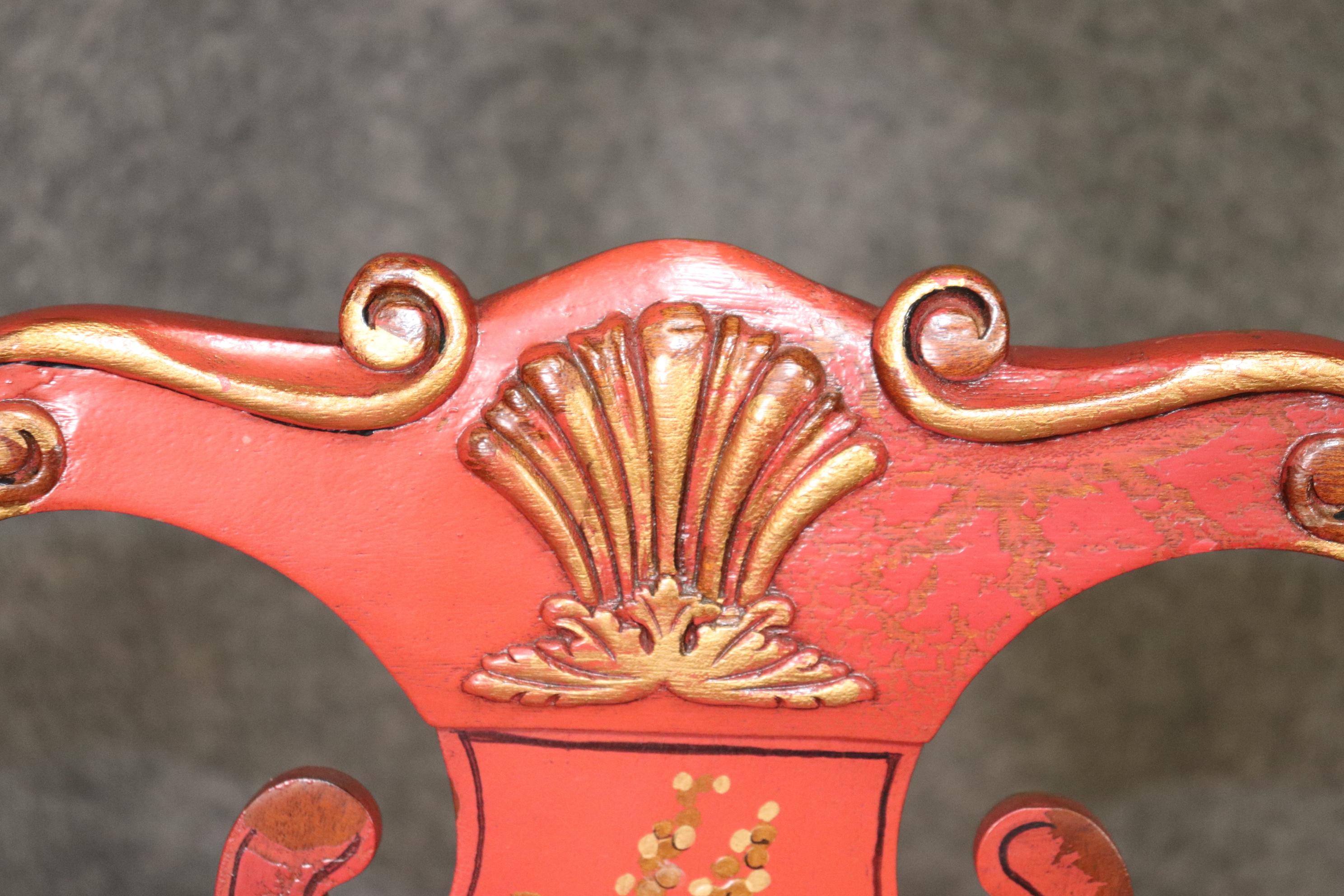 Pair of Red Chinoiserie Paint Decorated Georgian Armchairs or Dining Chairs For Sale 8