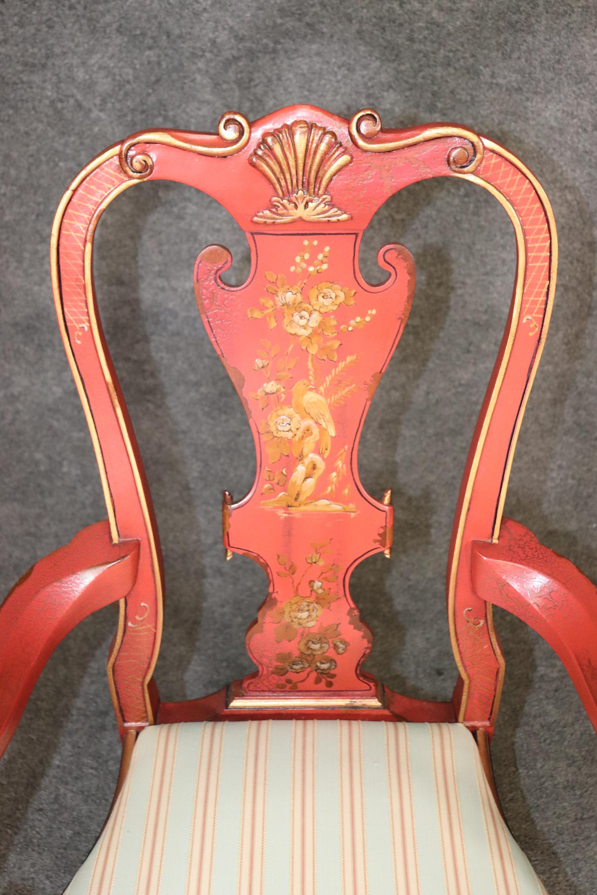 English Pair of Red Chinoiserie Paint Decorated Georgian Armchairs or Dining Chairs For Sale