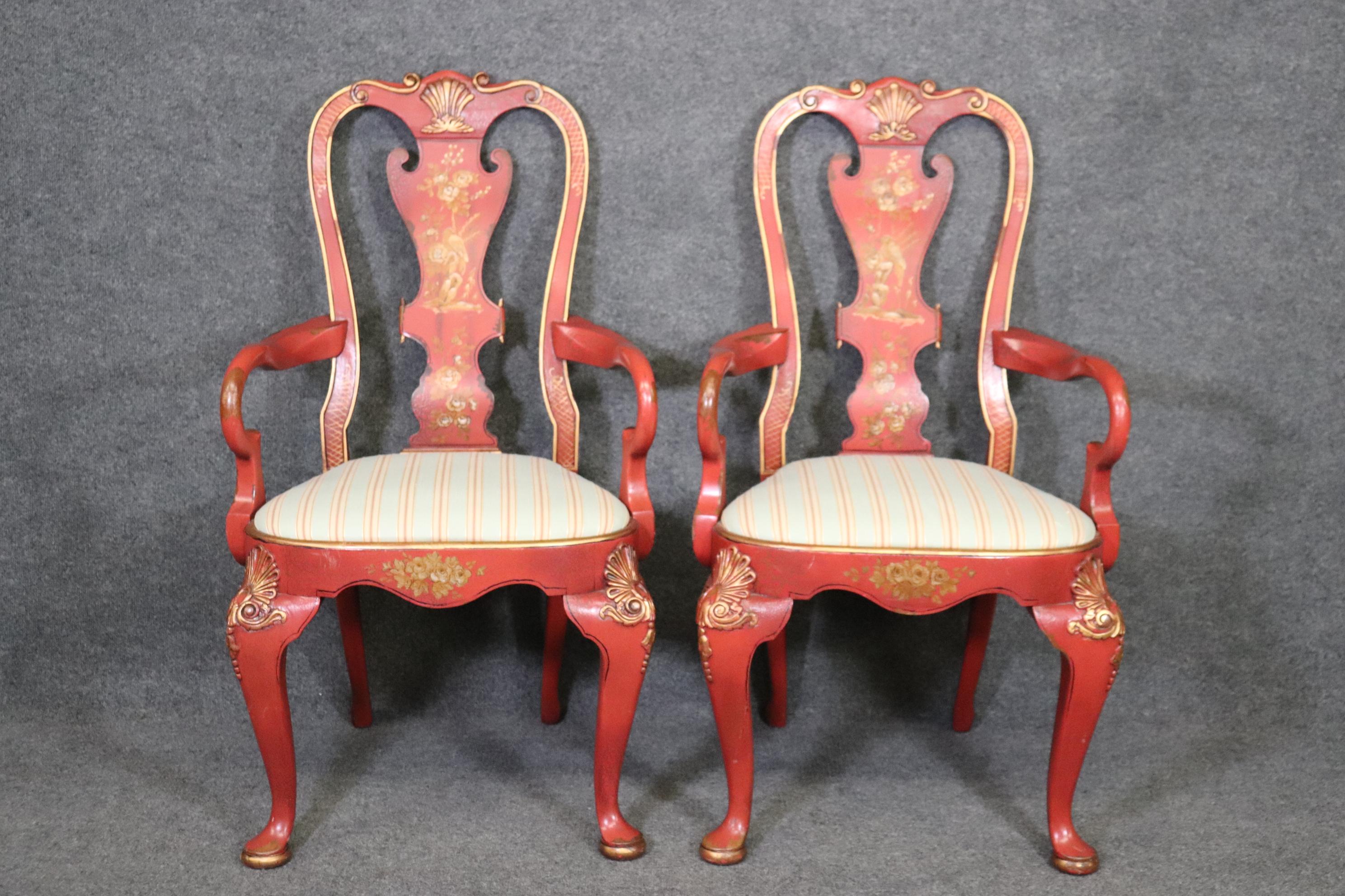 Early 20th Century Pair of Red Chinoiserie Paint Decorated Georgian Armchairs or Dining Chairs For Sale