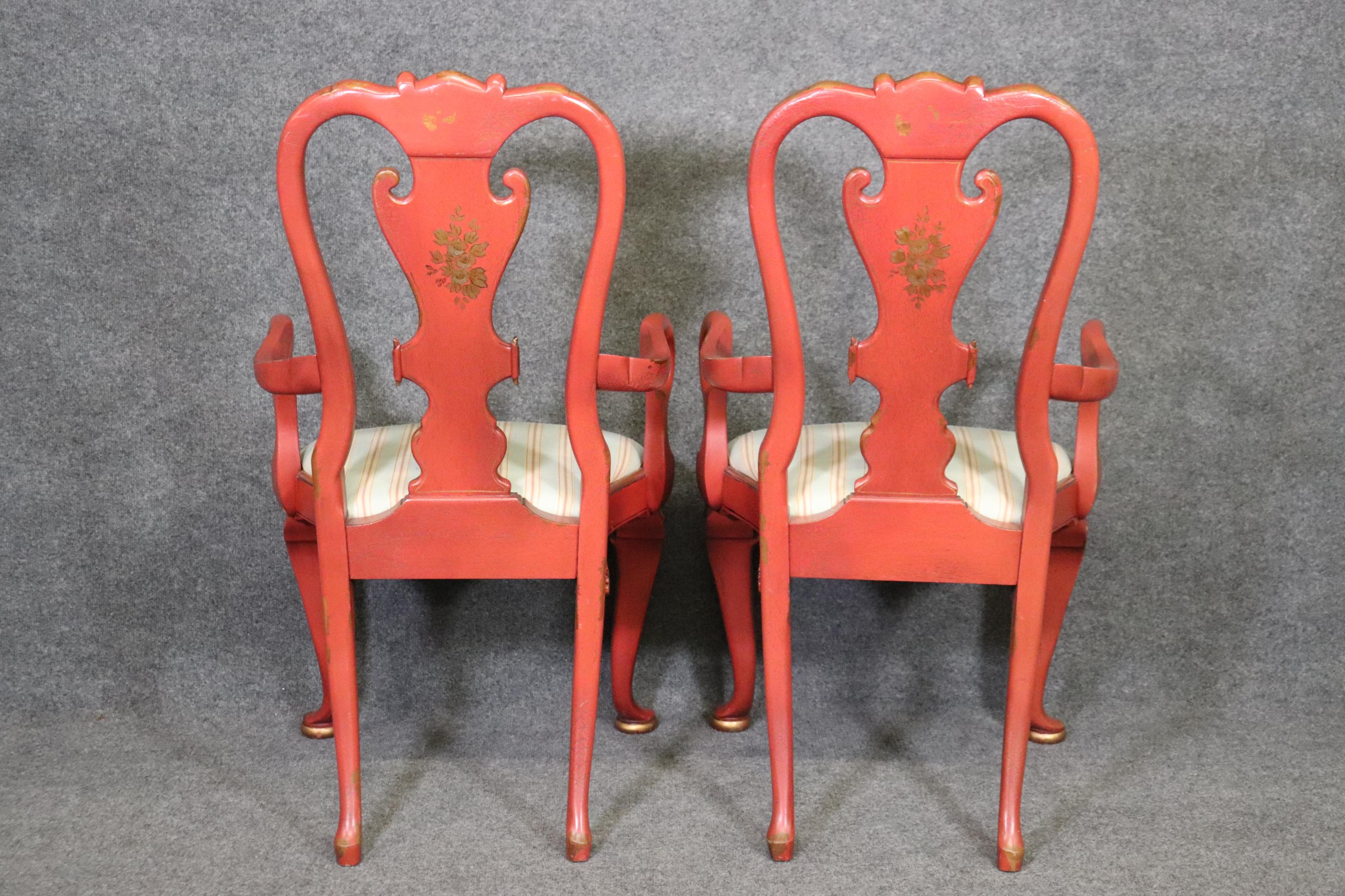 Pair of Red Chinoiserie Paint Decorated Georgian Armchairs or Dining Chairs For Sale 1