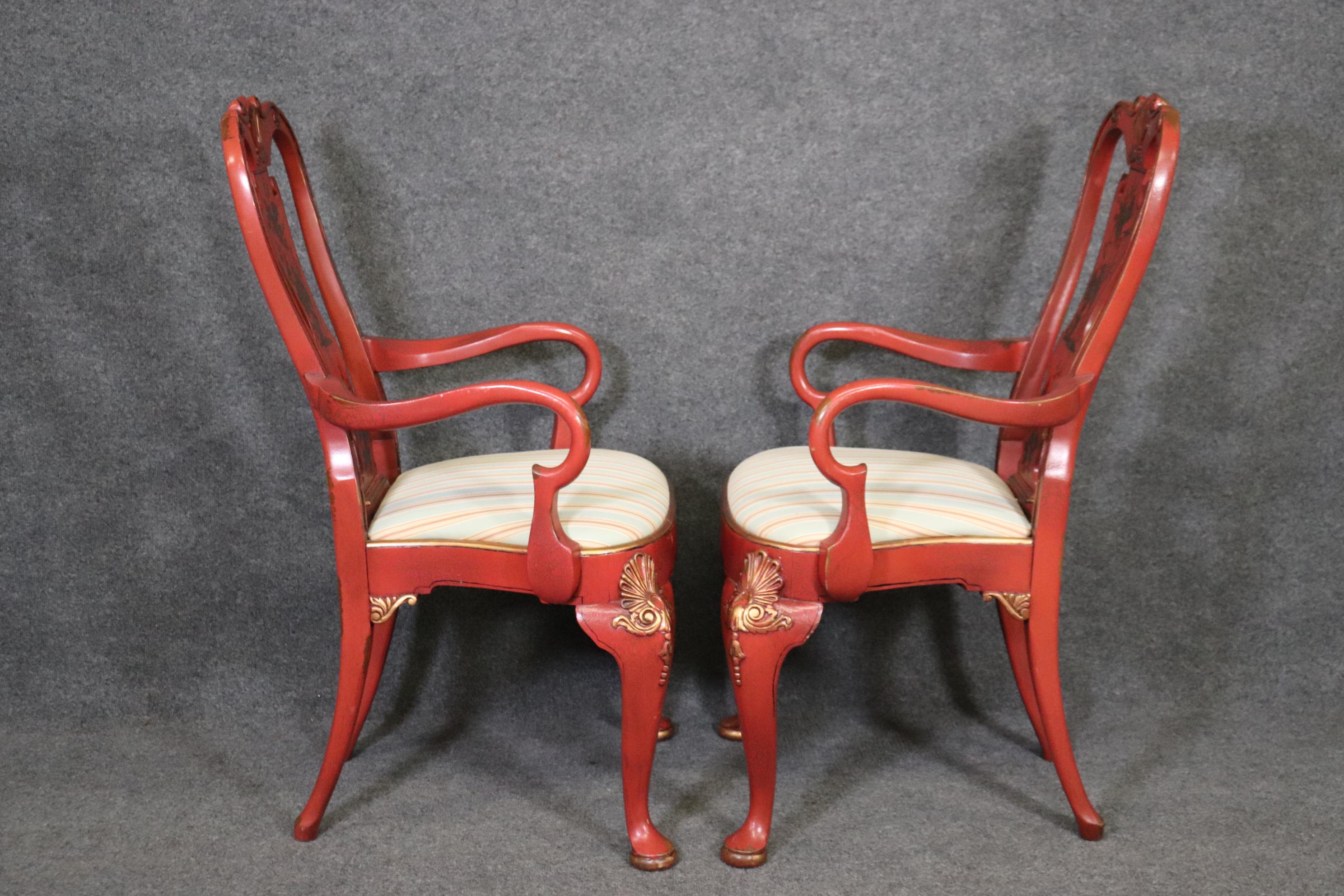 Pair of Red Chinoiserie Paint Decorated Georgian Armchairs or Dining Chairs For Sale 2