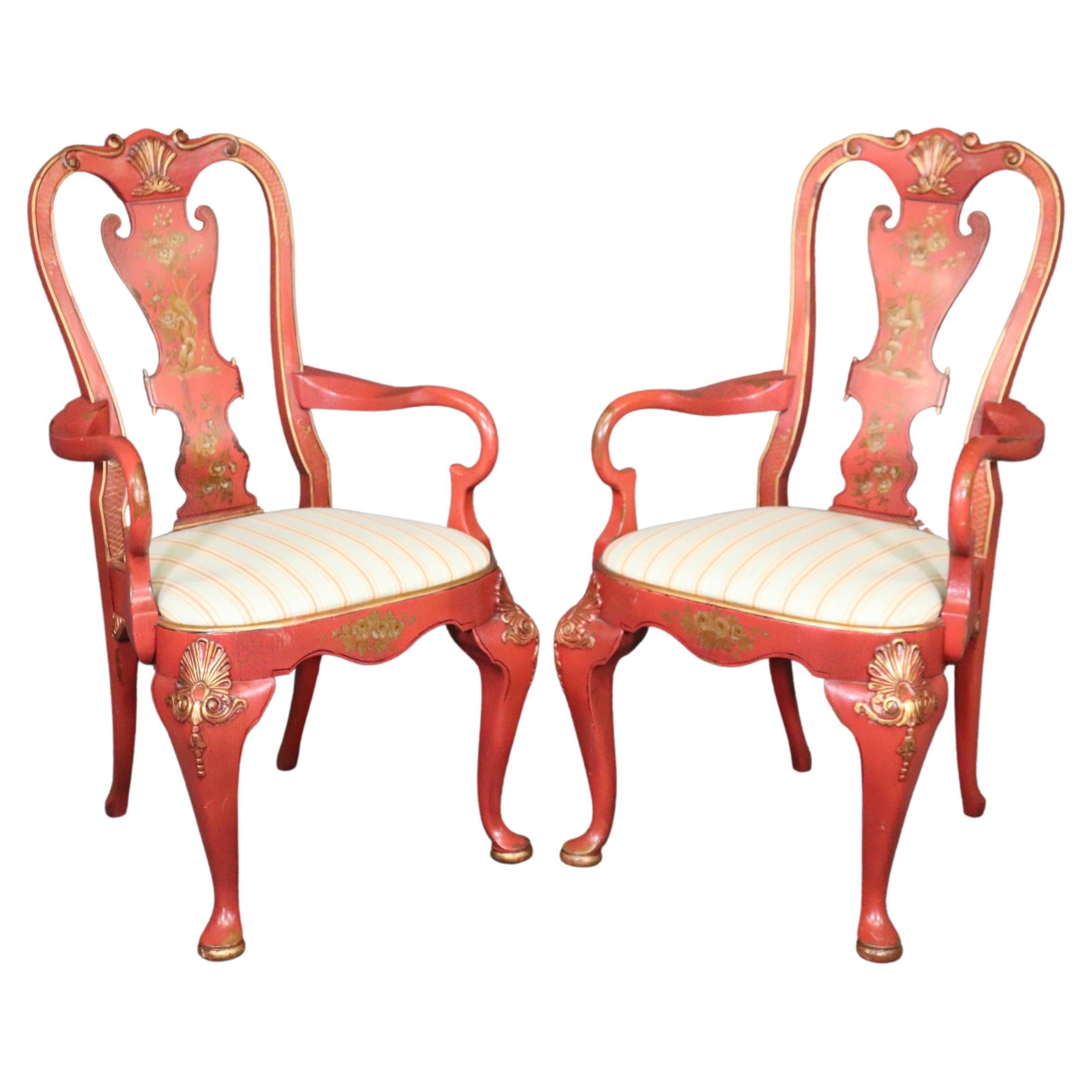 Pair of Red Chinoiserie Paint Decorated Georgian Armchairs or Dining Chairs For Sale