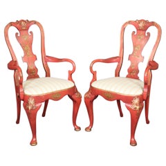 Pair of Red Chinoiserie Paint Decorated Georgian Armchairs or Dining Chairs