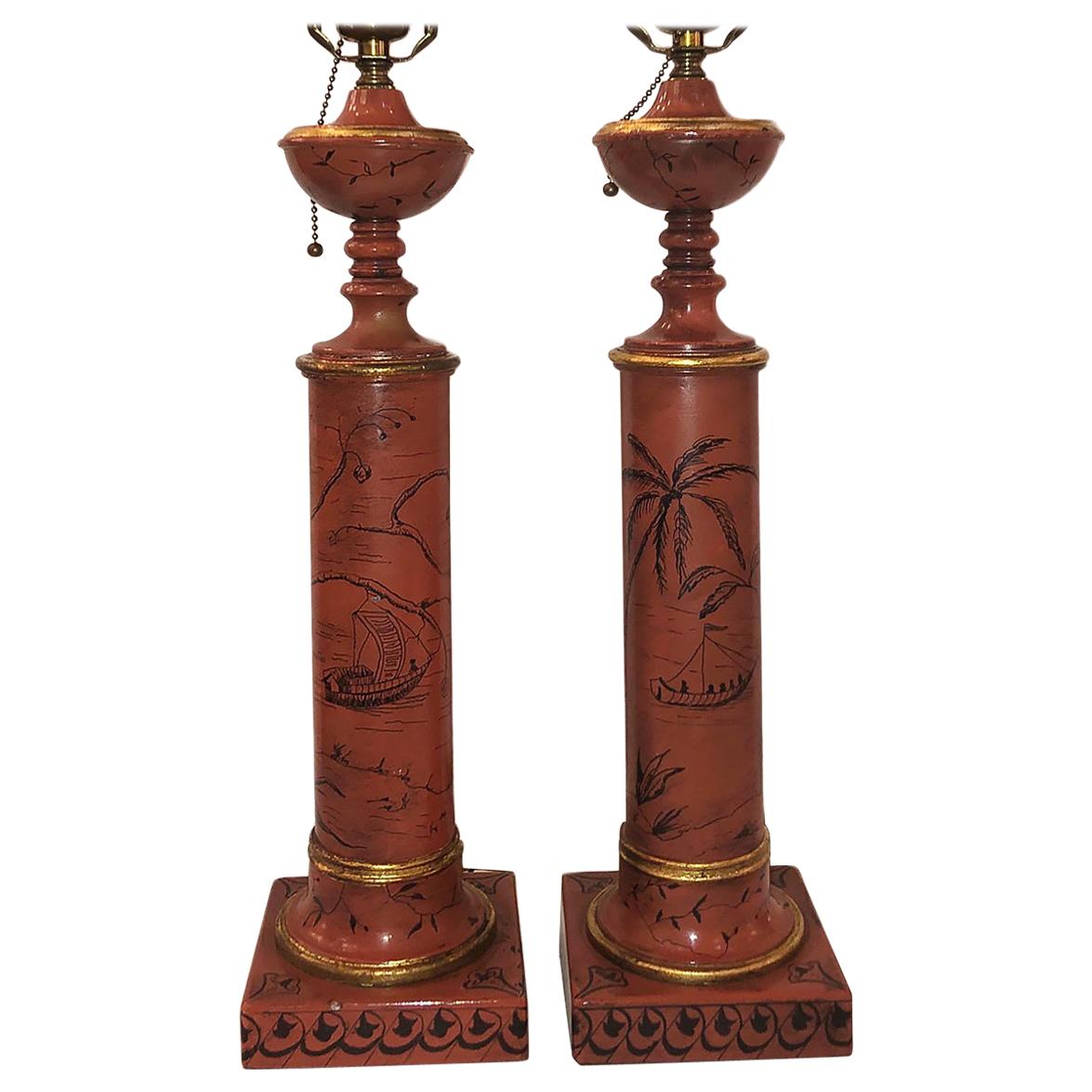 Hand-Painted Pair of Red Chinoiserie Tole Table Lamps For Sale