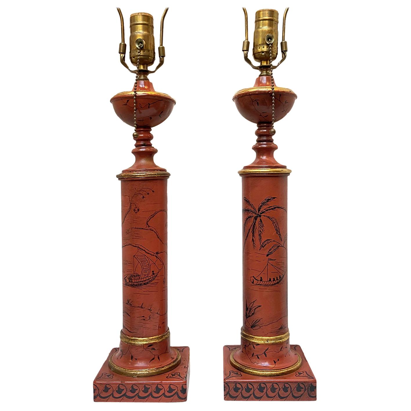 Pair of Red Chinoiserie Tole Table Lamps
