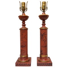 Vintage Pair of Red Chinoiserie Tole Table Lamps