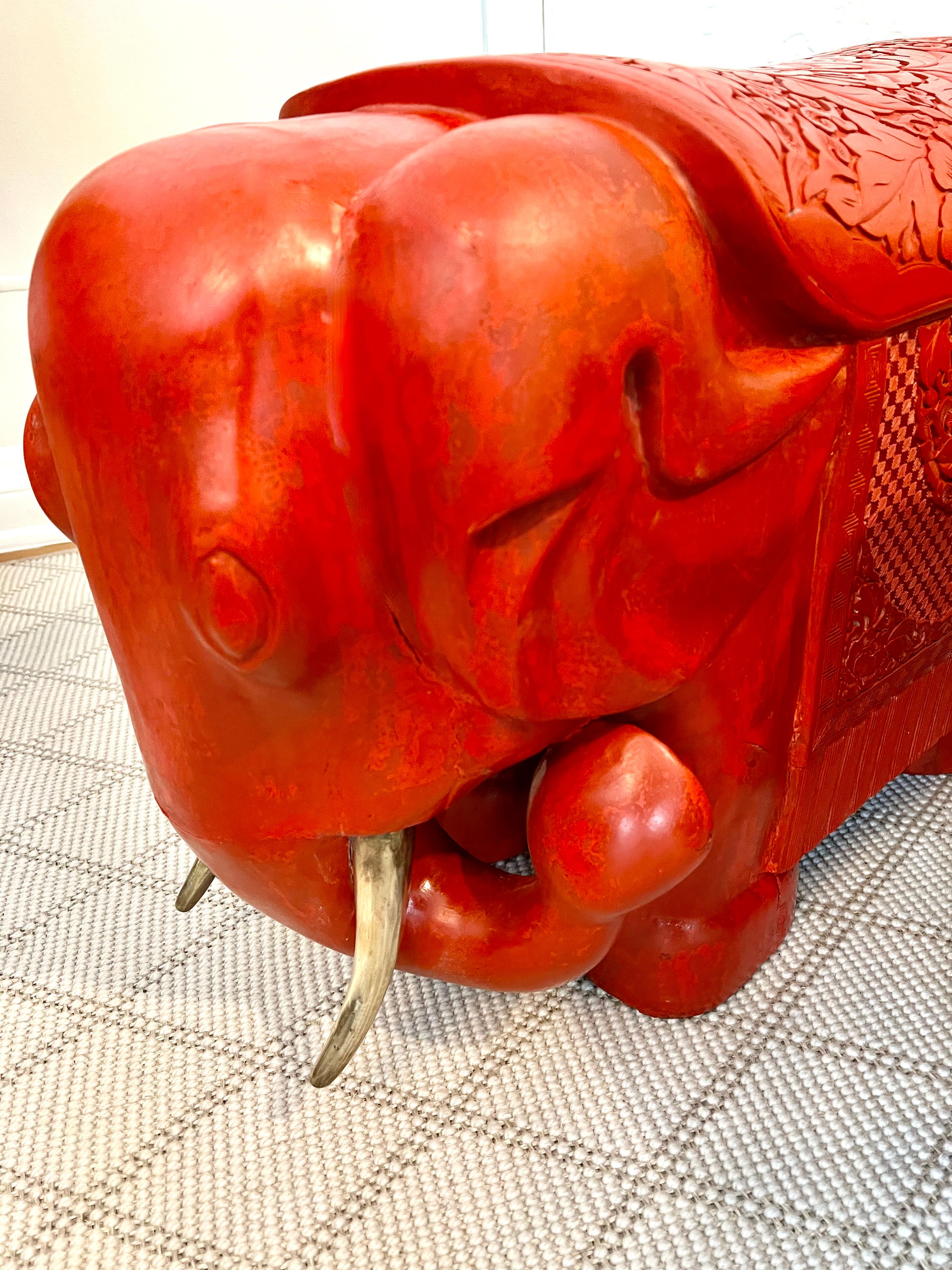 Pair of Red Cinnabar Hand Carved Asian Elephants with Brass Tusks For Sale 3