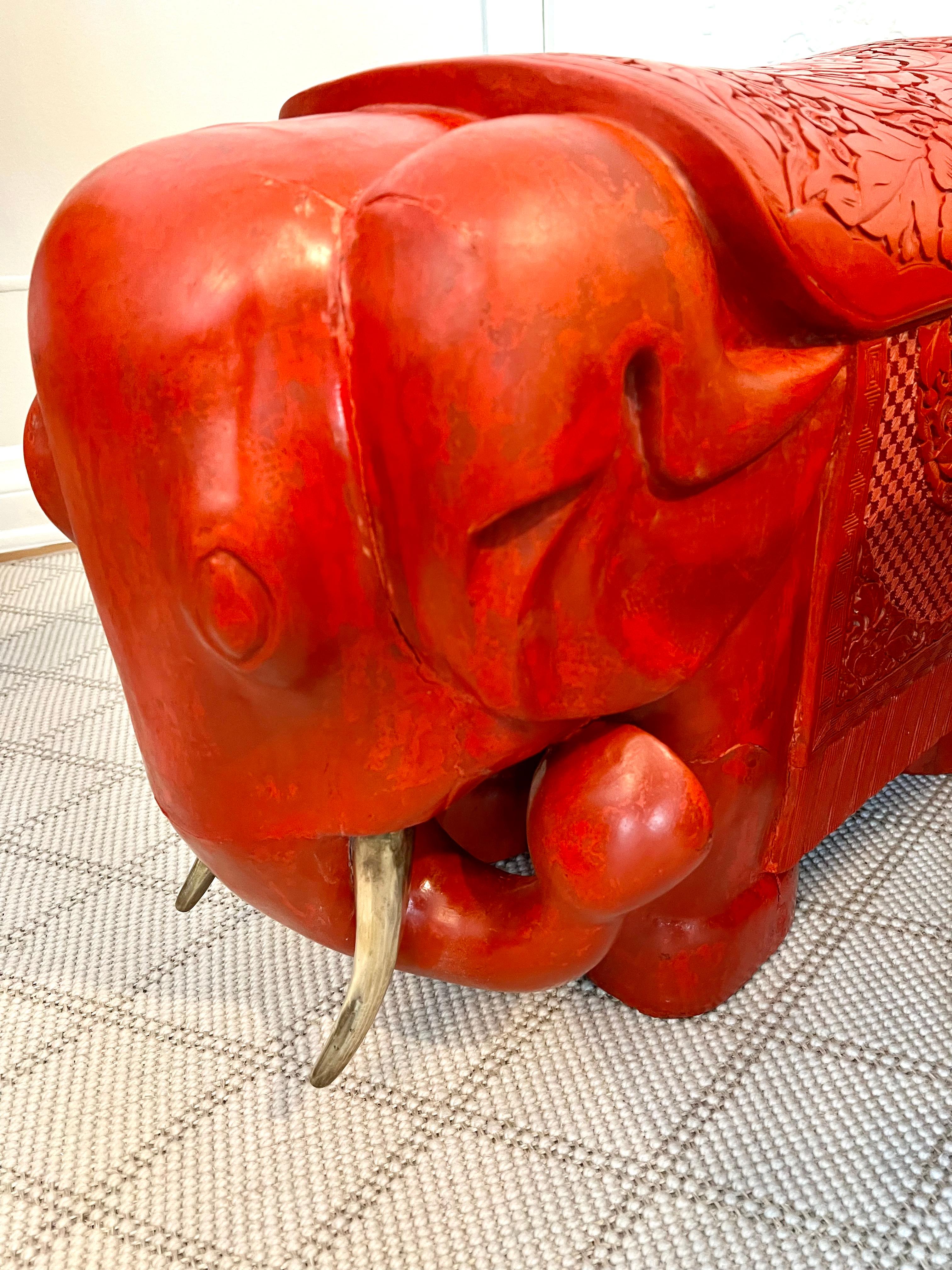Pair of Red Cinnabar Hand Carved Asian Elephants with Brass Tusks For Sale 4