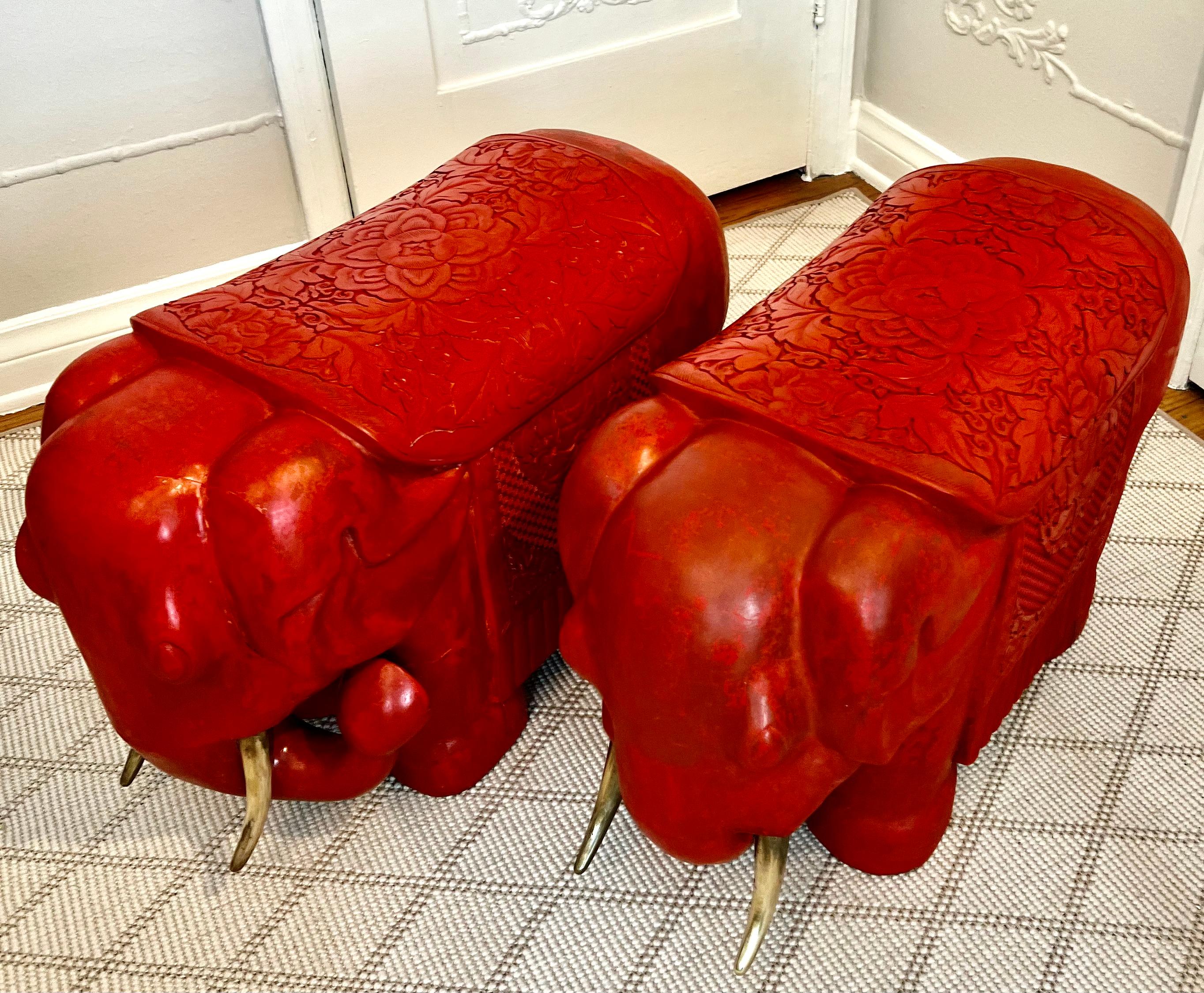 Pair of Red Cinnabar Hand Carved Asian Elephants with Brass Tusks For Sale 5